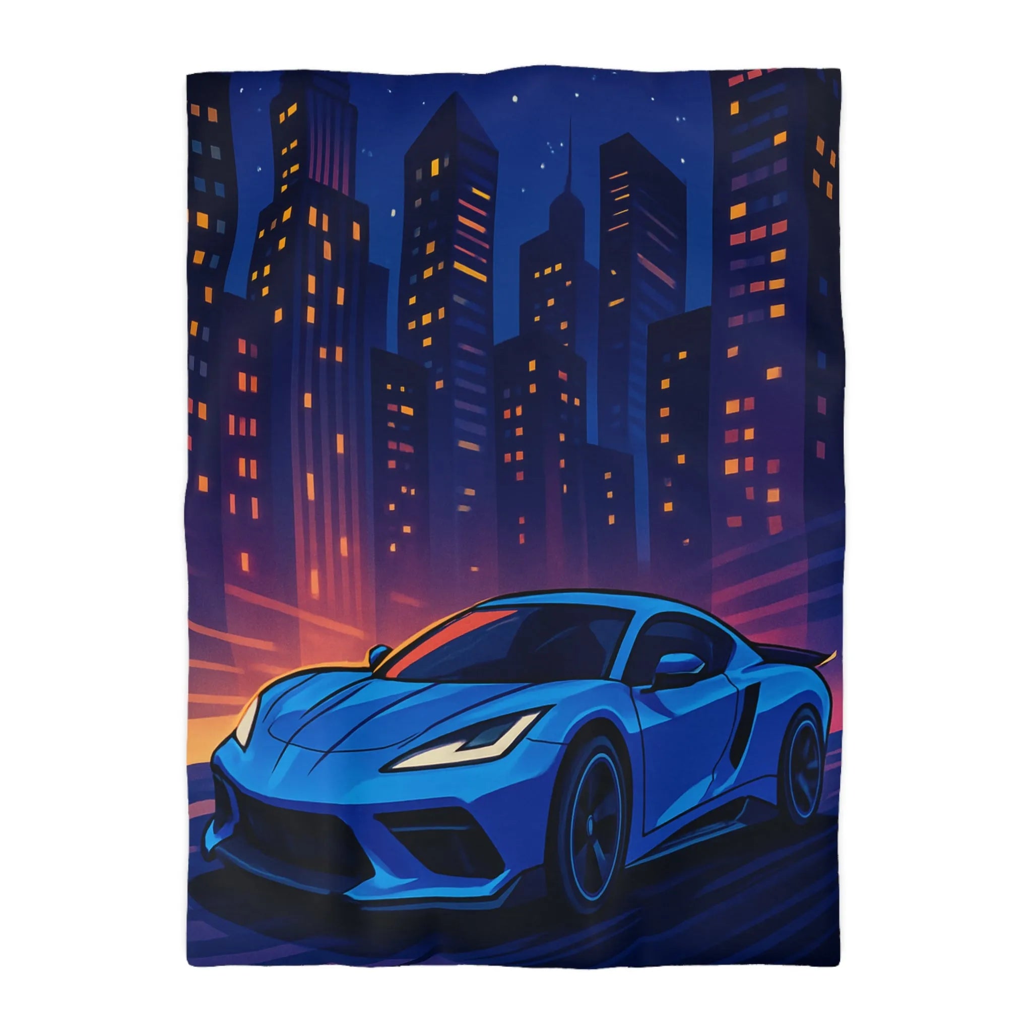 Housse de couette avec voiture bleue moderne et paysage urbain éclairé la nuit