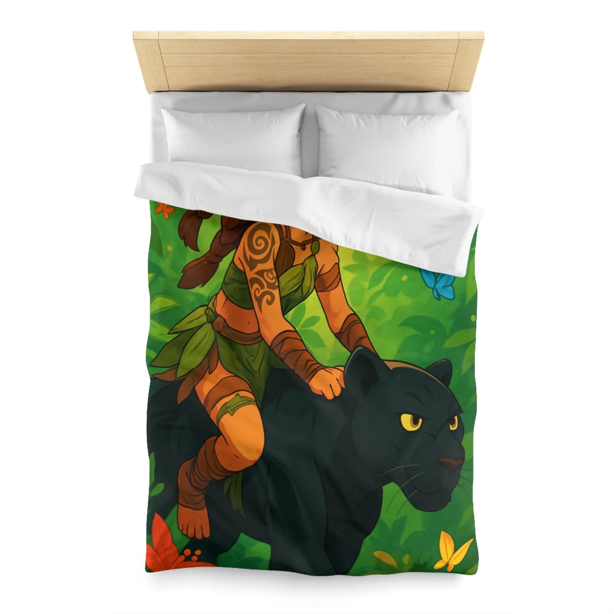 Housse de couette jungle avec fille guerrière et panthère noire pour chambre colorée