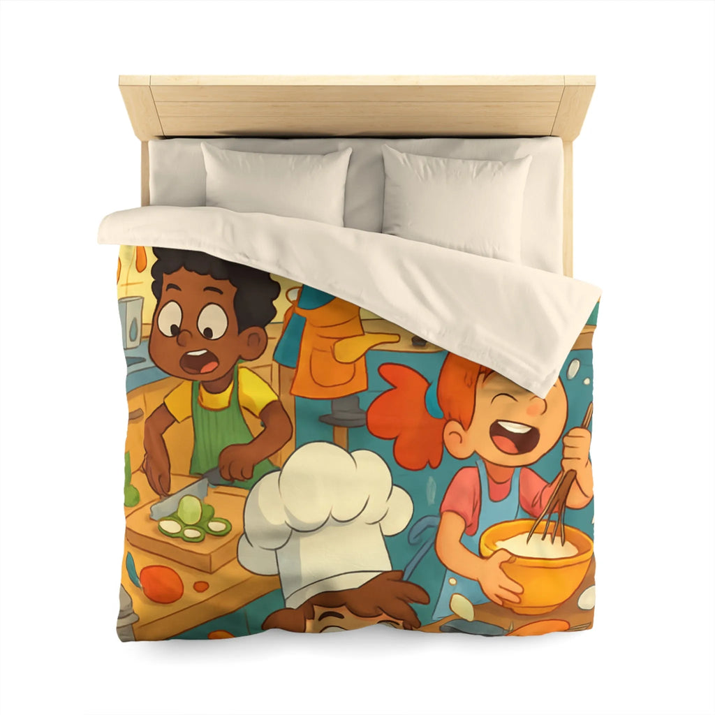 Housse de couette illustrée cuisine enfants joyeux couleurs vives spatule éclaboussures légumes