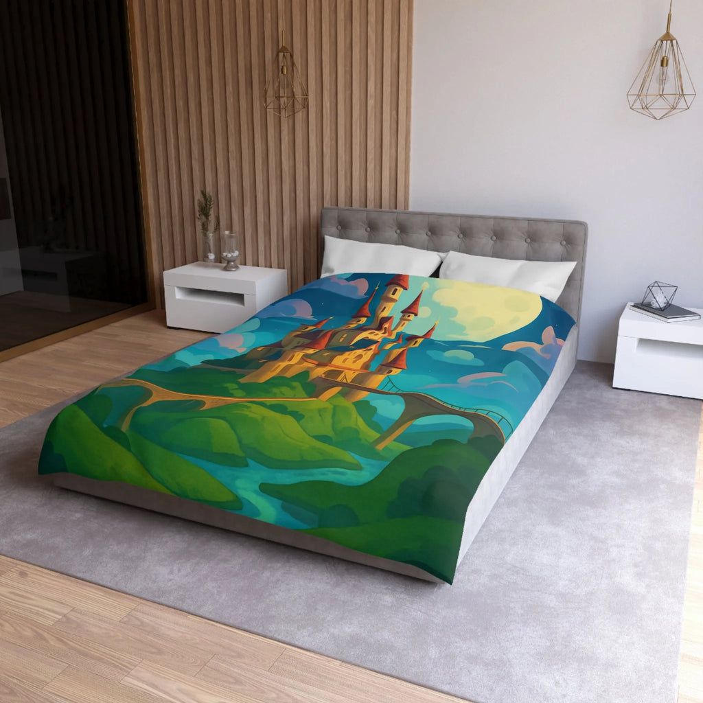 Housse de couette château féerique illuminé par la lune dans un paysage enchanteur nocturne