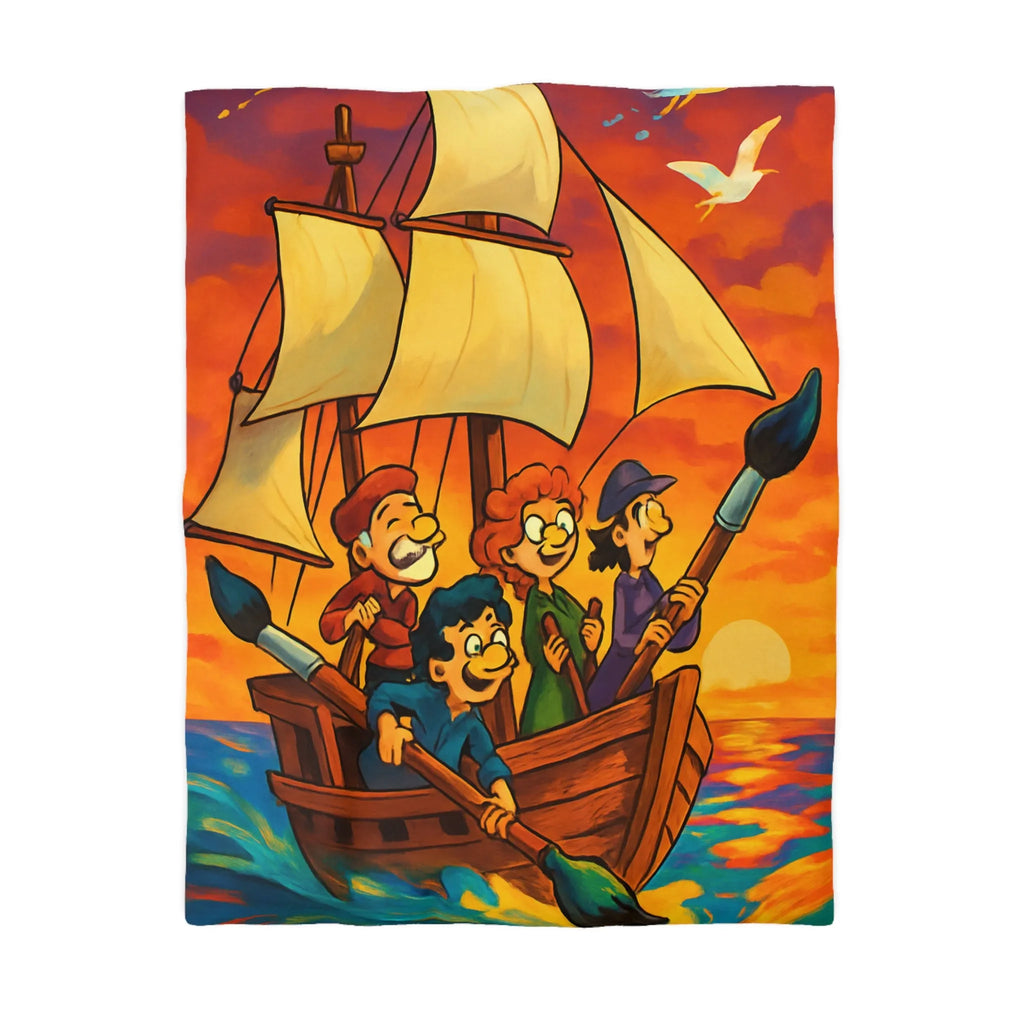 Housse de couette illustrée avec bateau et ciel coloré au coucher du soleil