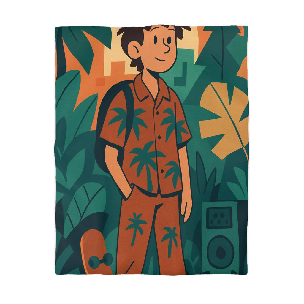 Housse de couette exotique ado, ambiance tropicale, skateboard et palmiers, style graphique coloré