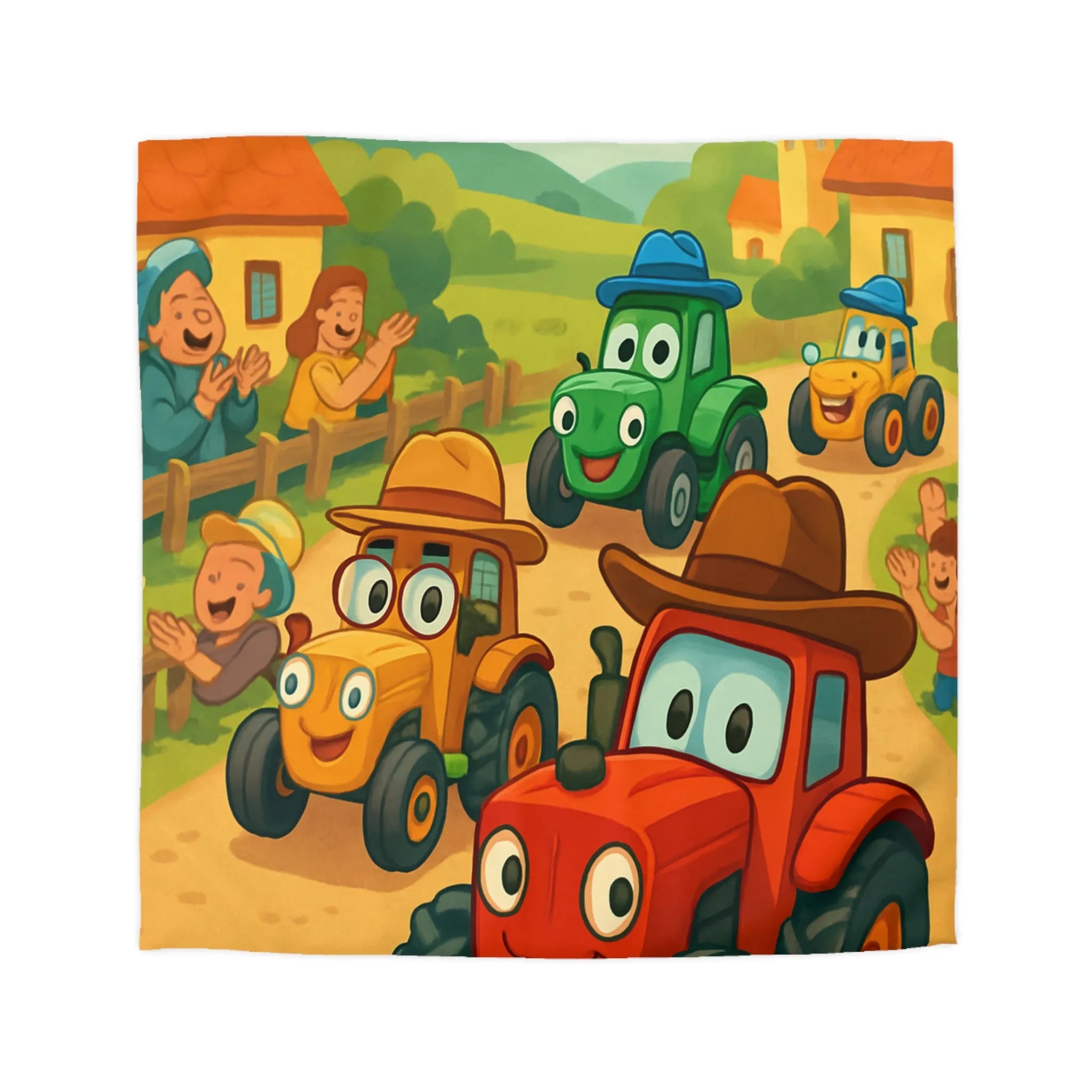 Housse de Couette Enfants Motif Tracteurs Souriants Champs Paysans Ensoleillés et Amusants