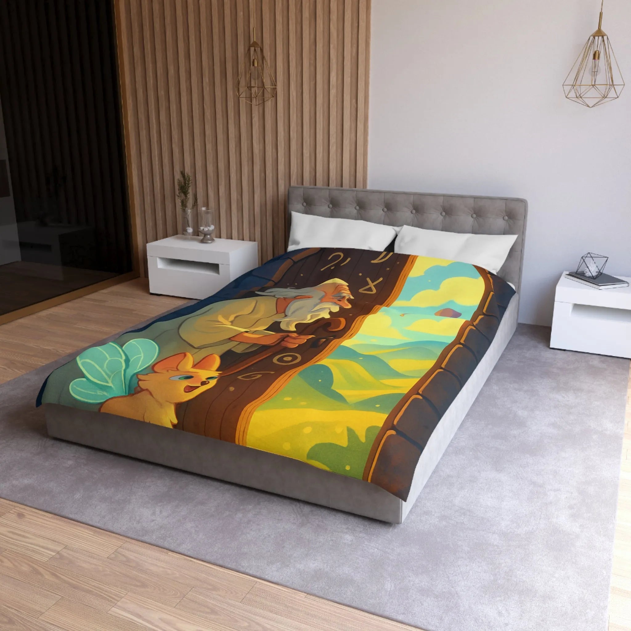 Housse de Couette Fantastique avec Ancien Sage et Paysage Magique Étoilé Soufflant