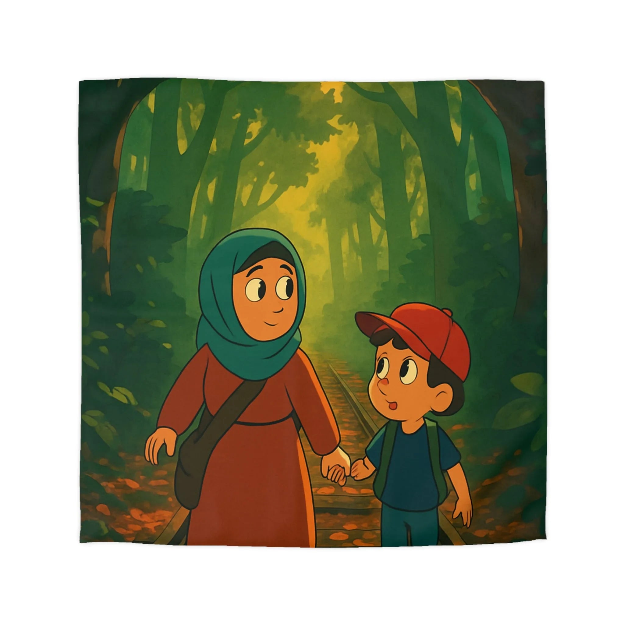 Housse de couette illustrée avec promenade chaleureuse d'un duo adorable dans forêt enchantée