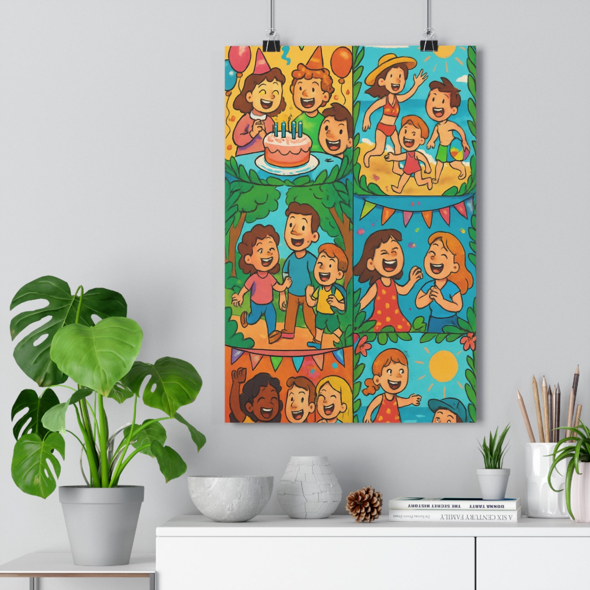 Poster décoratif cartoon joyeux coloré plage fête promenade chambre salon enfants ambiance festive qualité