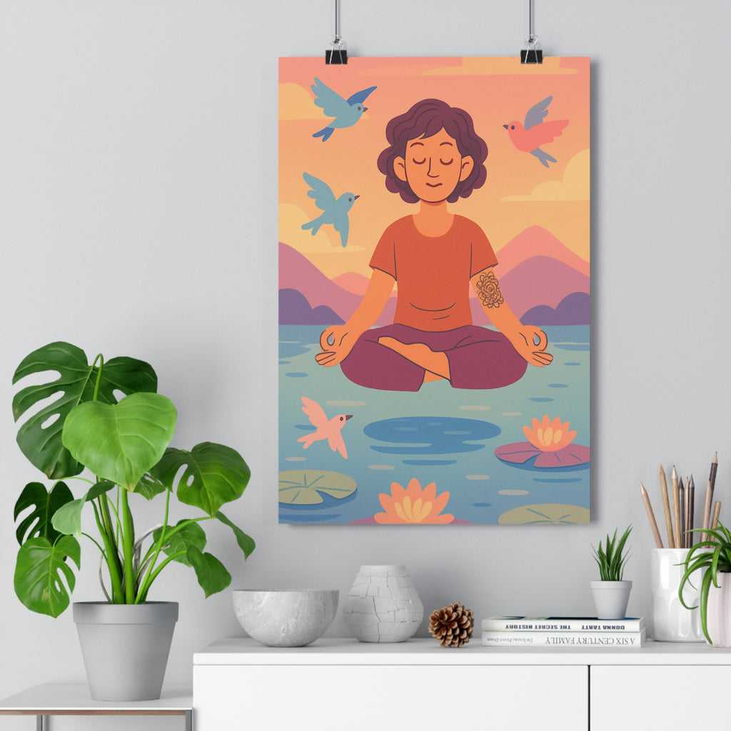 Poster décoratif méditation zen pastel rose violet salon détente ambiance sereine mur bureau qualité