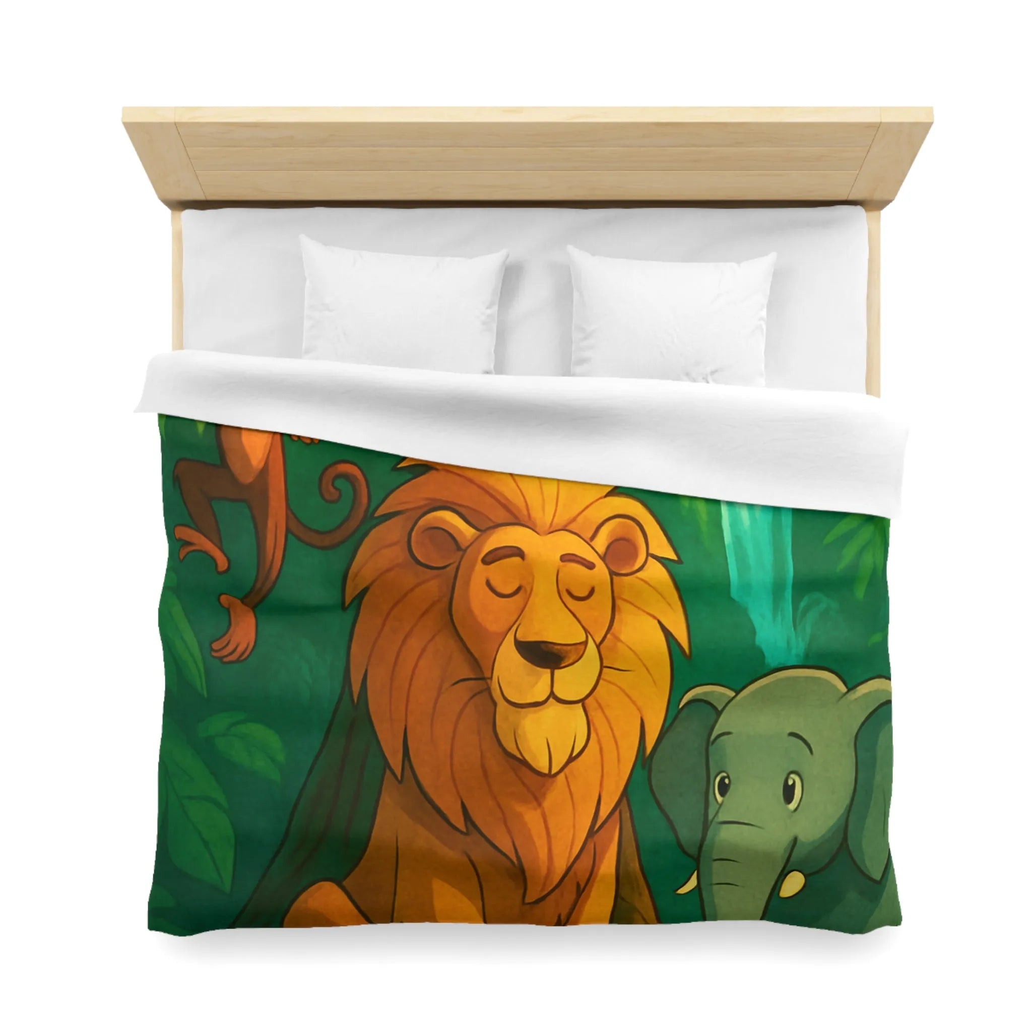 Housse de Couette Jungle Enchantée avec Lion, Singe, Éléphant et Chute d’Eau Magique