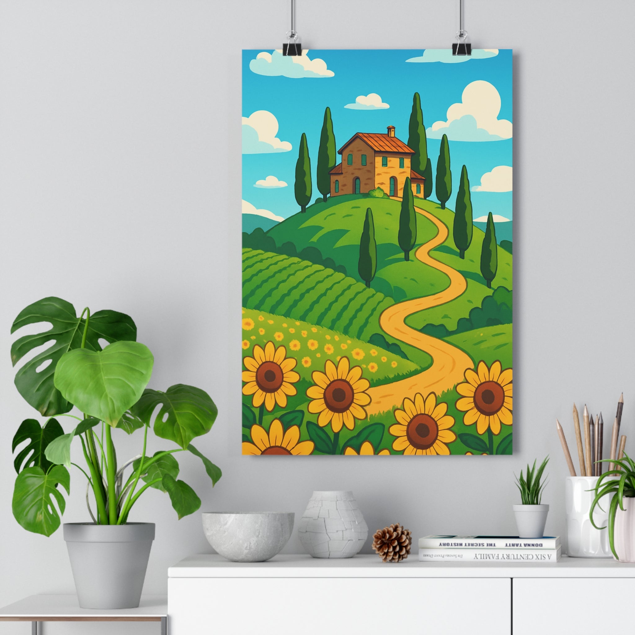 Poster décoratif paysage toscane nature joyeux vintage salon chambre séjour couleurs vives campagne élégance
