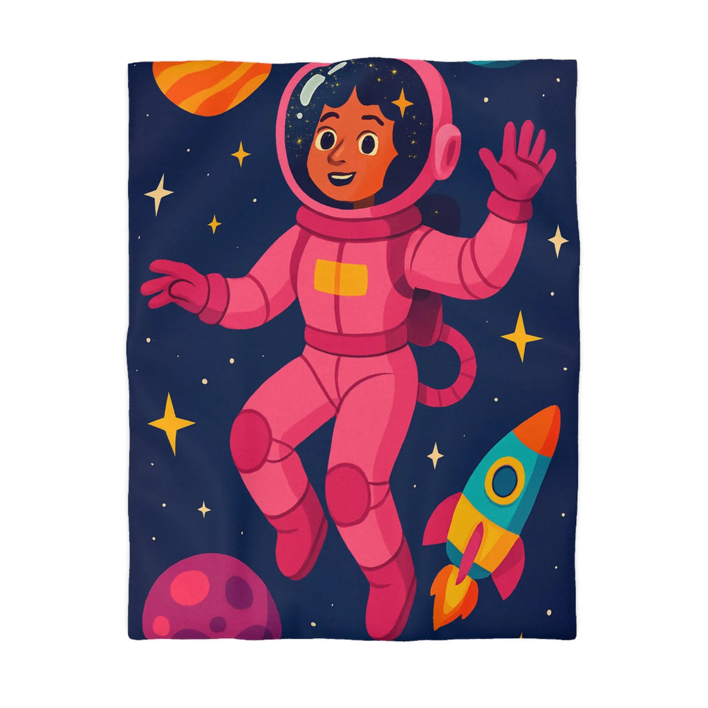 Housse de couette enfant avec astronaute rose et planètes colorées en fond spatial