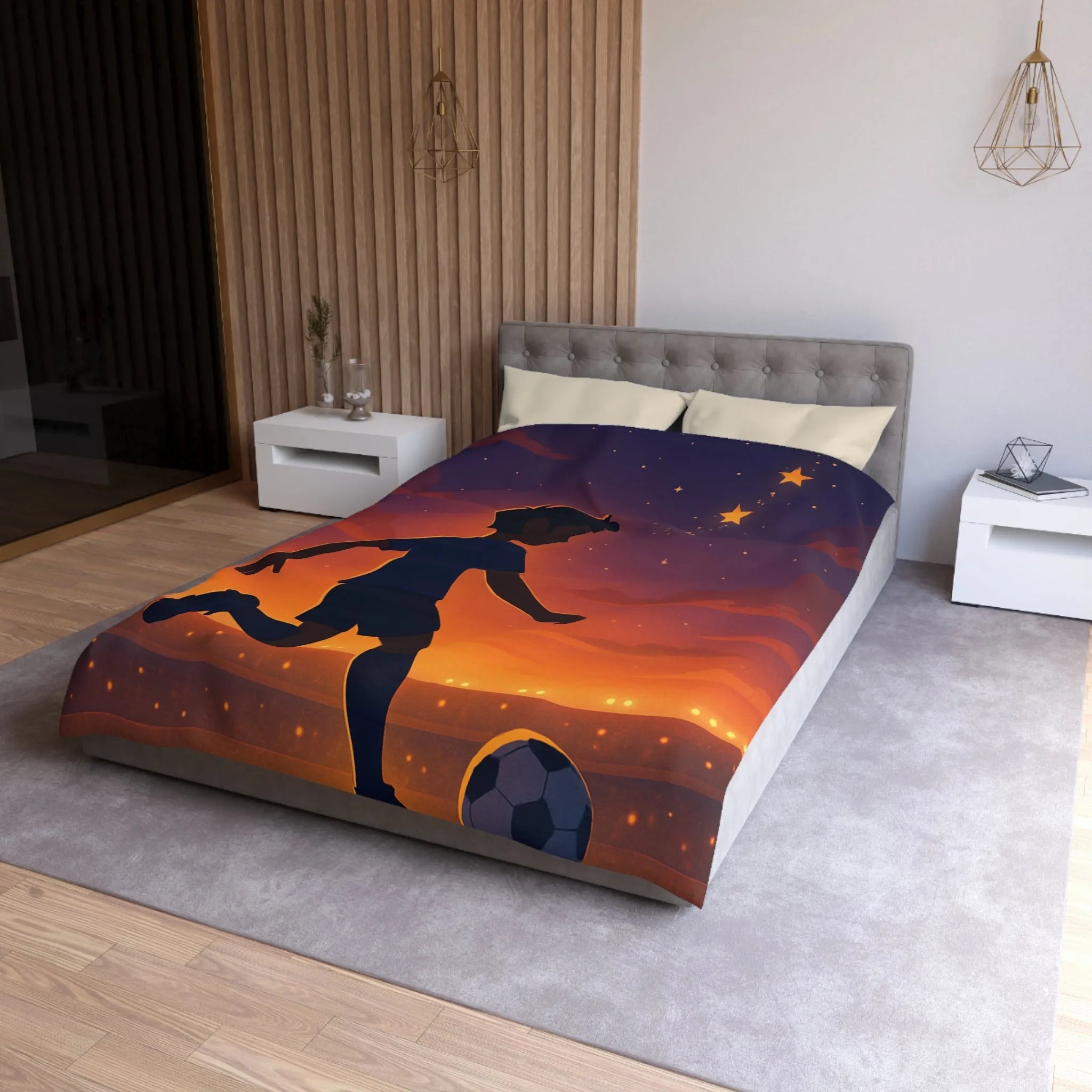 Housse de couette illustrée de garçon jouant au football sous un ciel étoilé inspirant