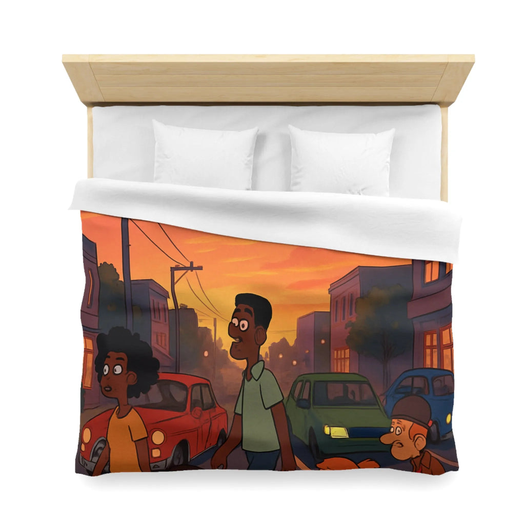 Housse de couette coucher de soleil urbain coloré, personnages divers traversant rue animée