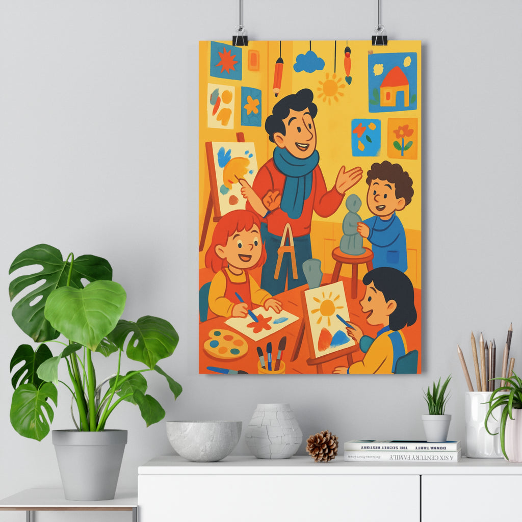 Poster décoratif éducatif art atelier coloré joyeux enfants créatif jaune rouge bleu chambre stimulante