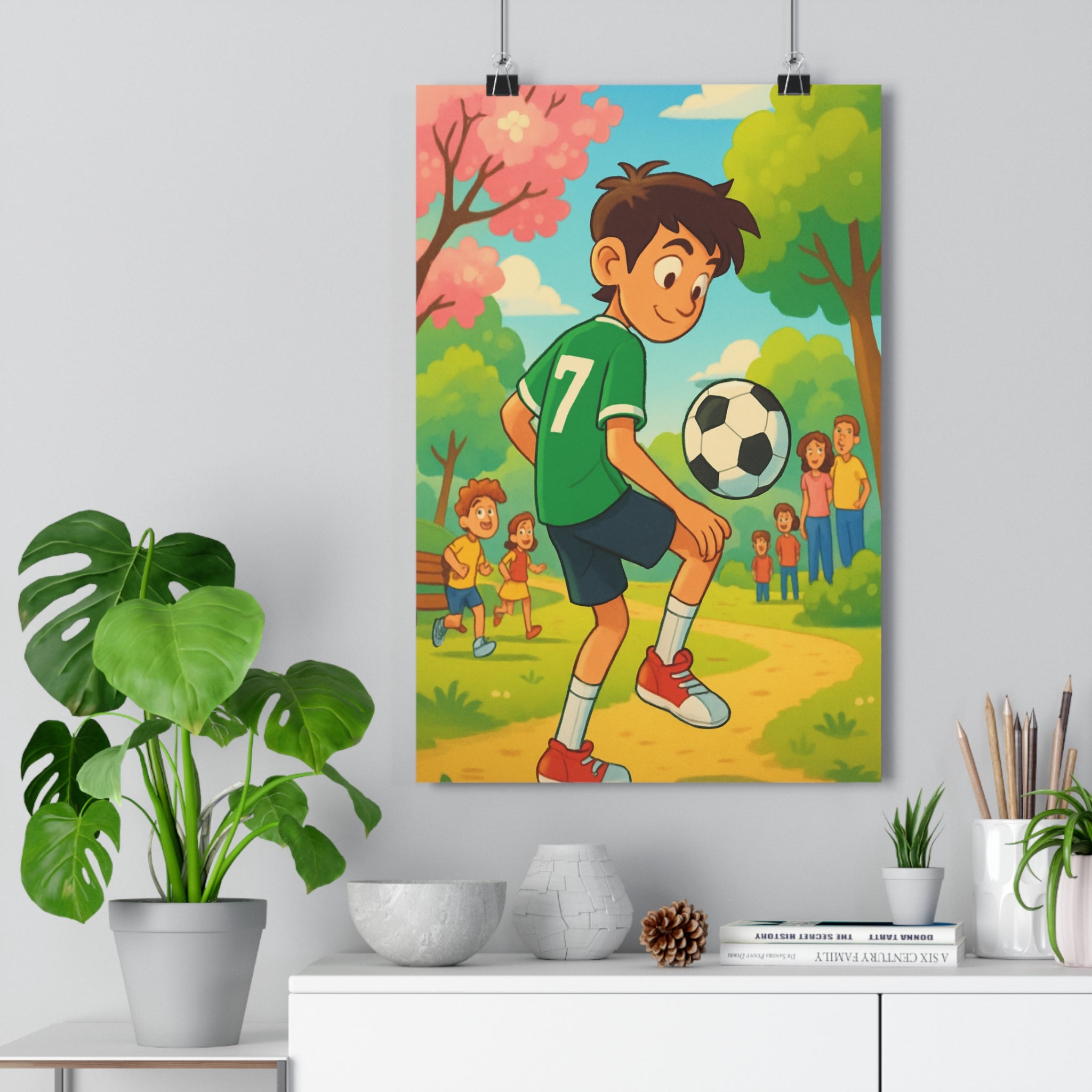 Poster décoratif enfant football vert bleu joyeux parc nature moderne chambre salon qualité qualité