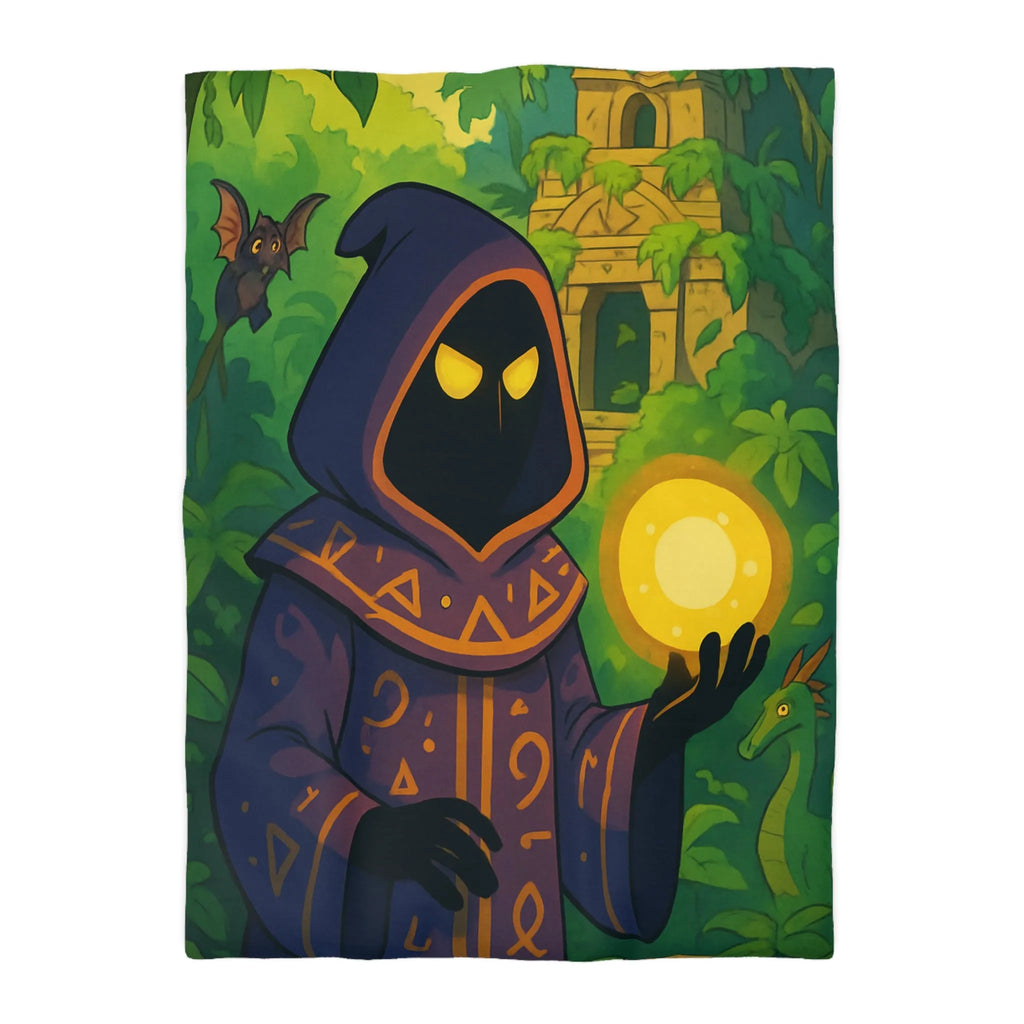 Housse de couette ambiance mystique avec mage sombre dans jungle énigmatique et temple ancien