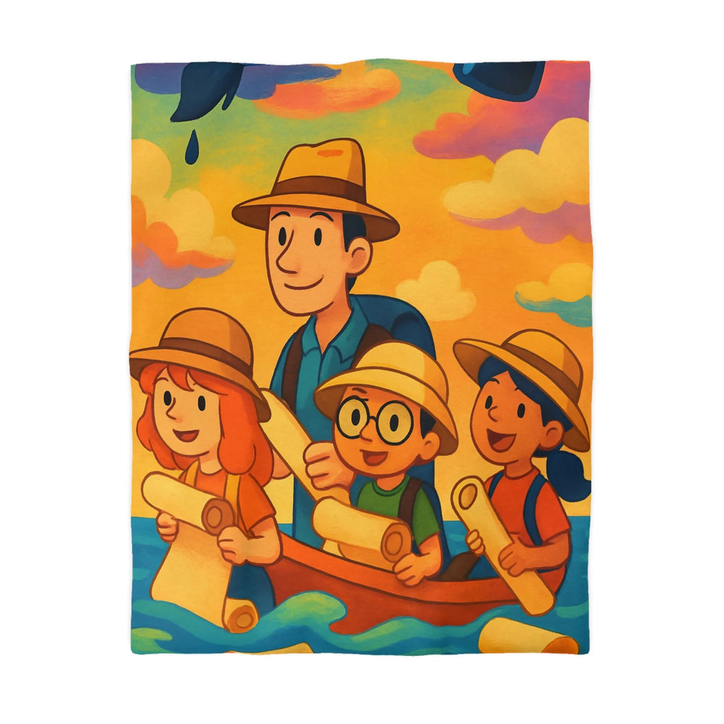 Housse de couette artistique avec aventure colorée en famille sur fond vibrantly ensoleillé