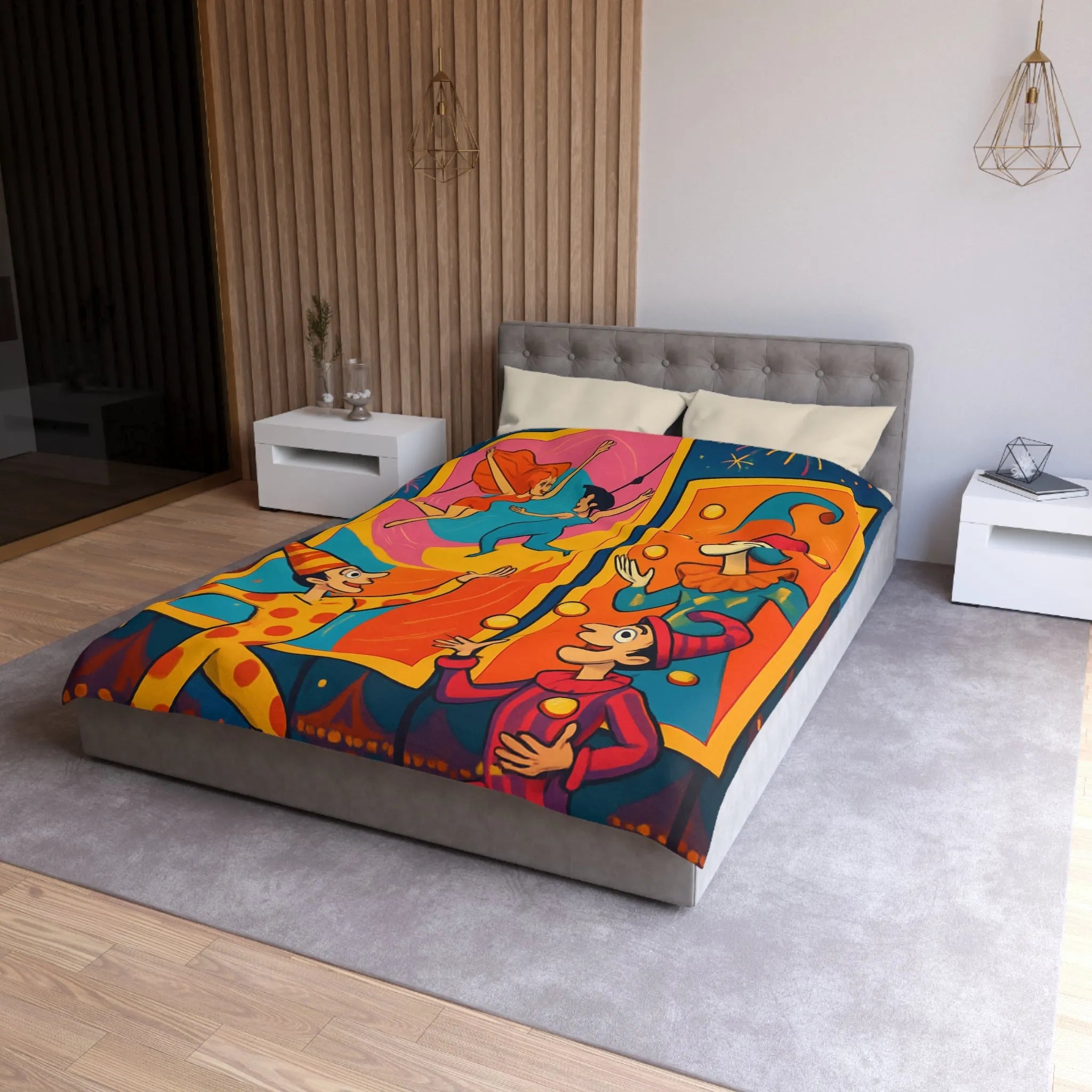 Housse de couette colorée avec jongleurs et acrobates, ambiance festive et joyeuse