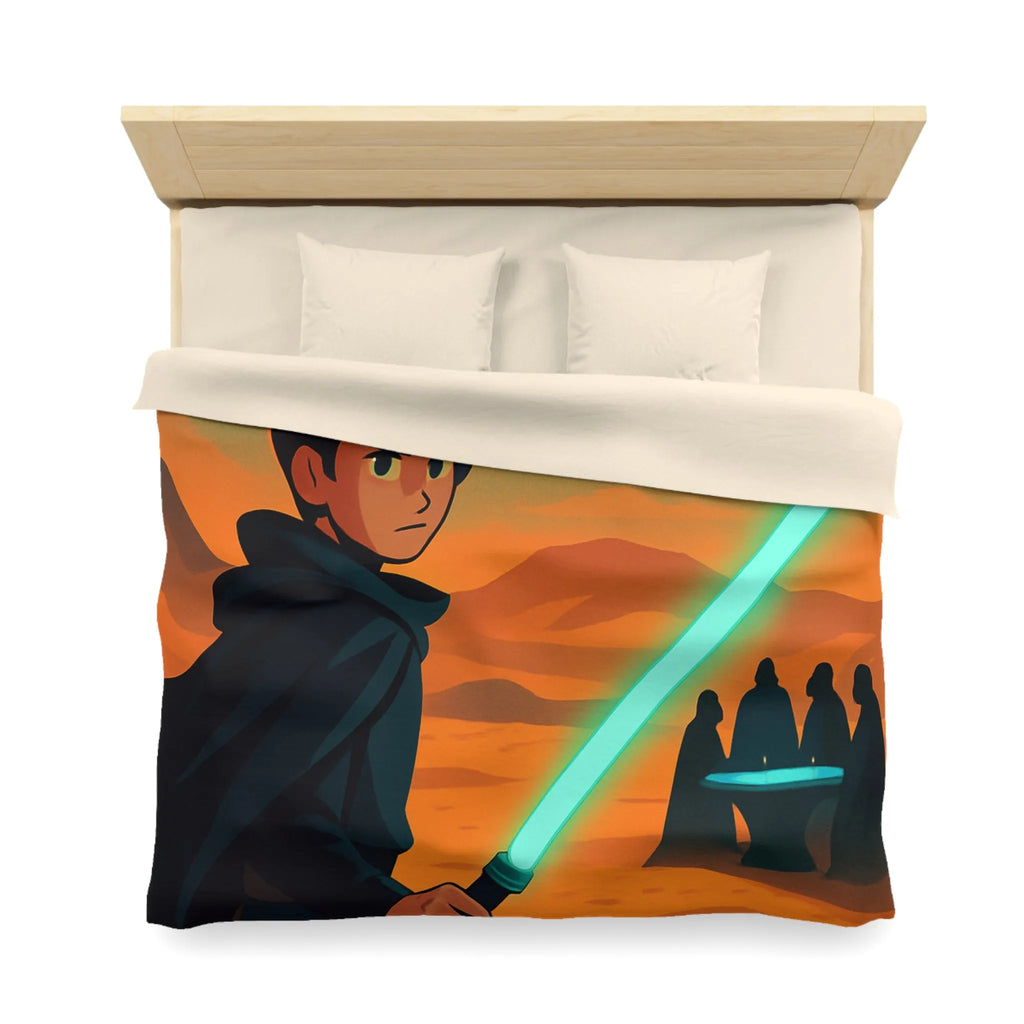 Épique scène de science-fiction avec héros sabre lumineux et vaisseau spatial en arrière-plan