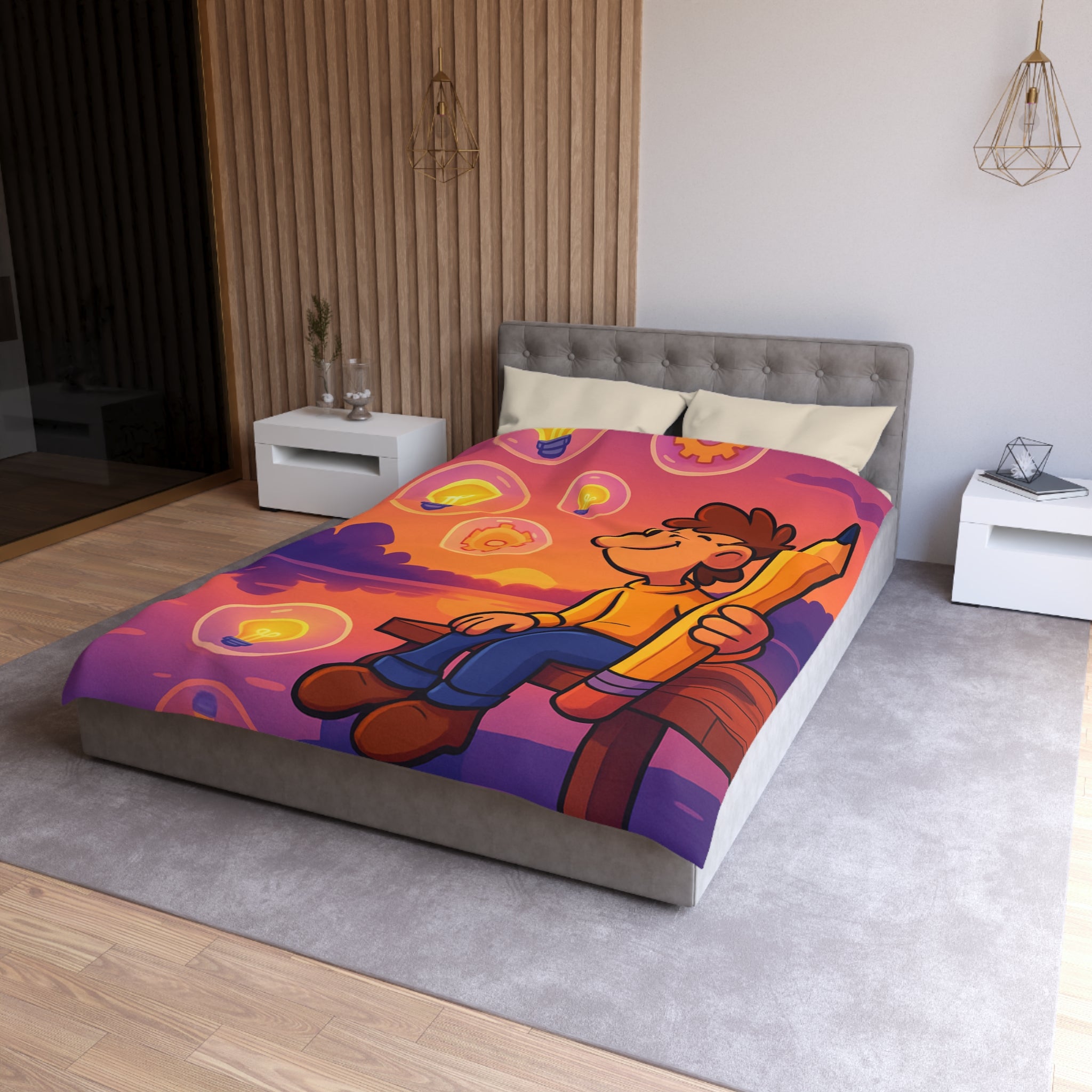 Housse de Couette Créative Avec Personnage Dessinant au Couchant et Ampoules Inspirantes