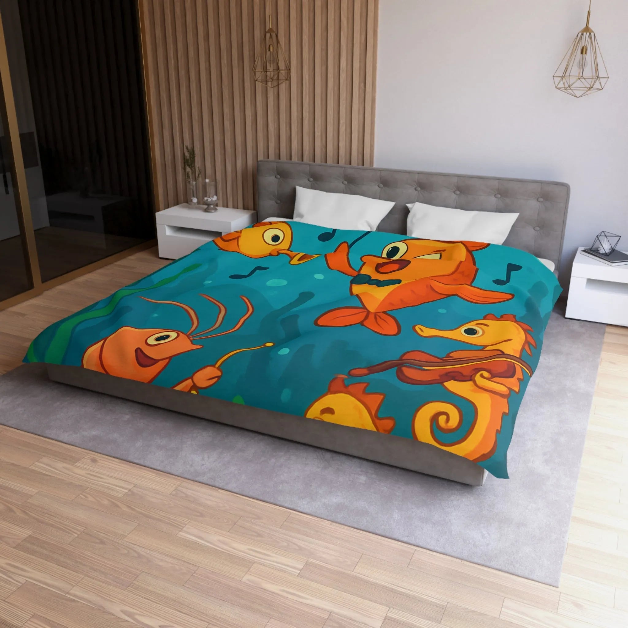 Housse de couette ludique pour enfants avec orchestre sous-marin de poissons et hippocampes