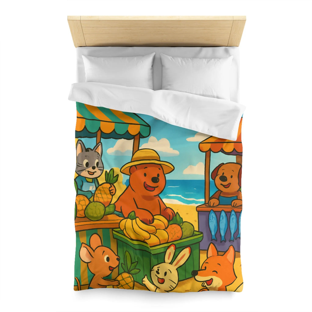 Housse de couette enfant avec animaux mignons sur plage et étals de fruits