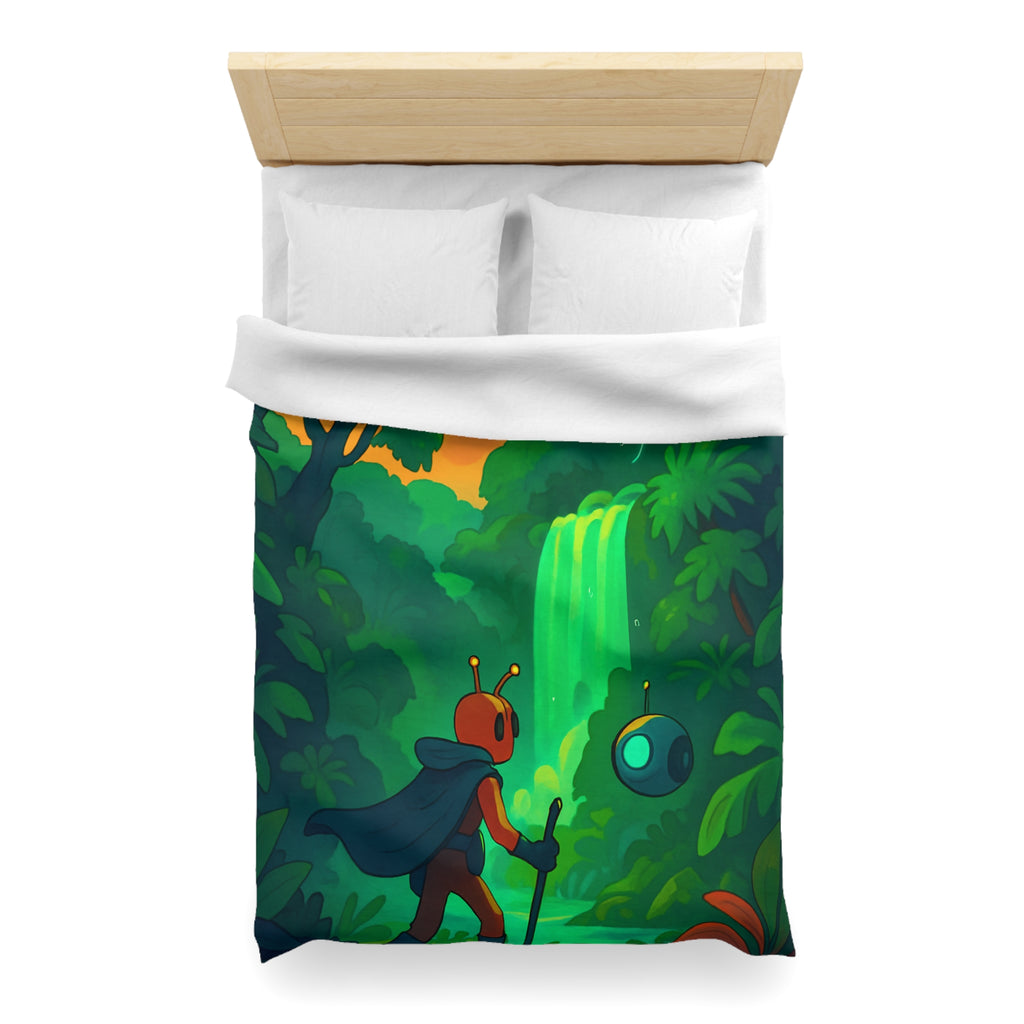 Housse de couette vibrante avec paysage extraterrestre mystérieux et personnage aventurier
