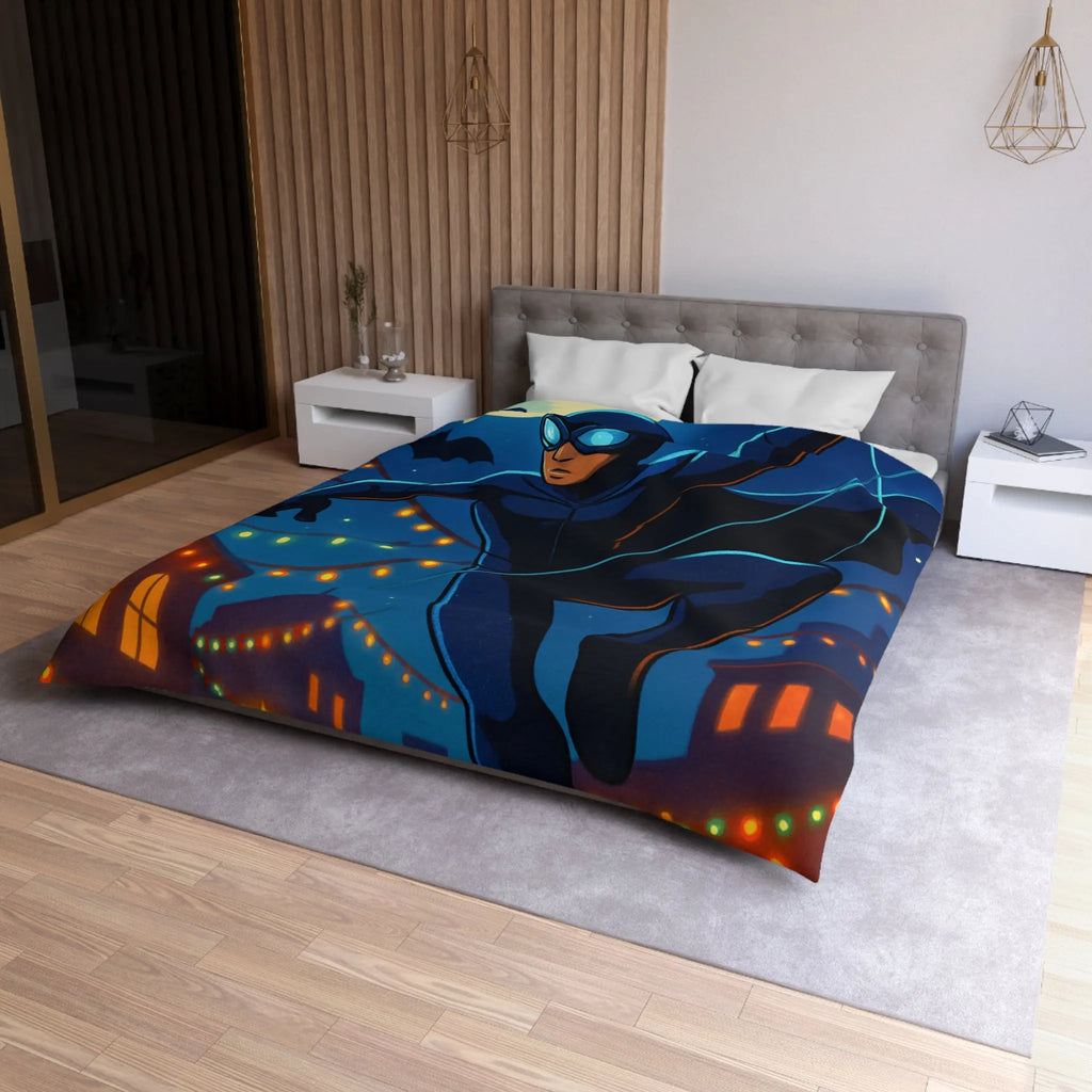 Housse de couette avec héros nocturne, ciel étoilé et décorations festives lumineuses