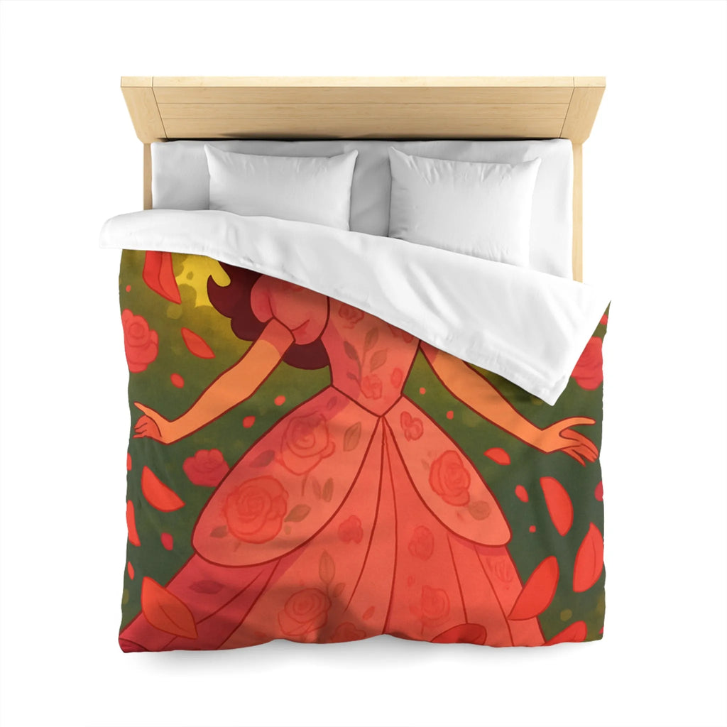 Housse de couette délicatement illustrée avec motif de danse joyeuse parmi les roses rouges