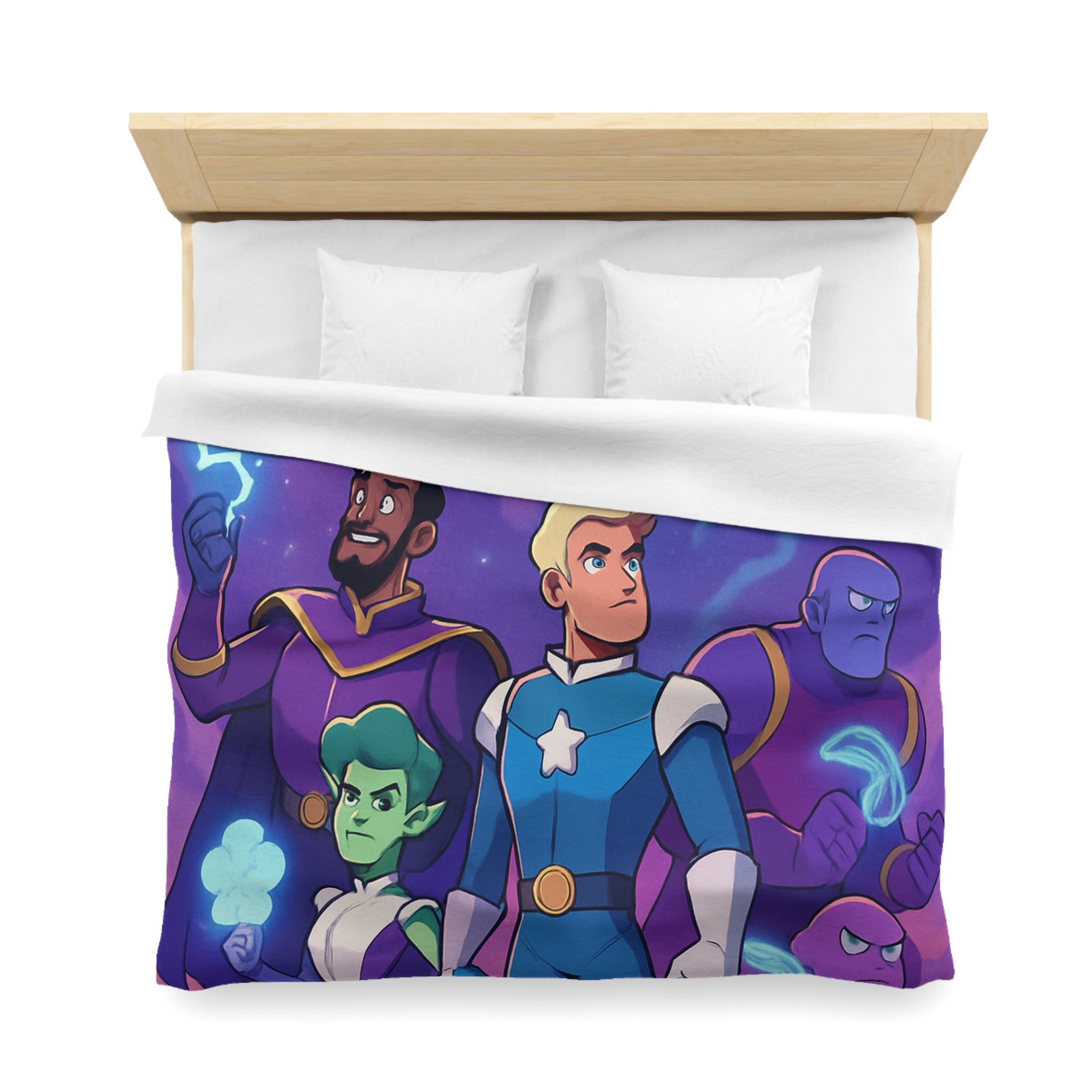 Housse de couette spatiale avec héroïques personnages animés sous vaisseau intergalactique étoilé