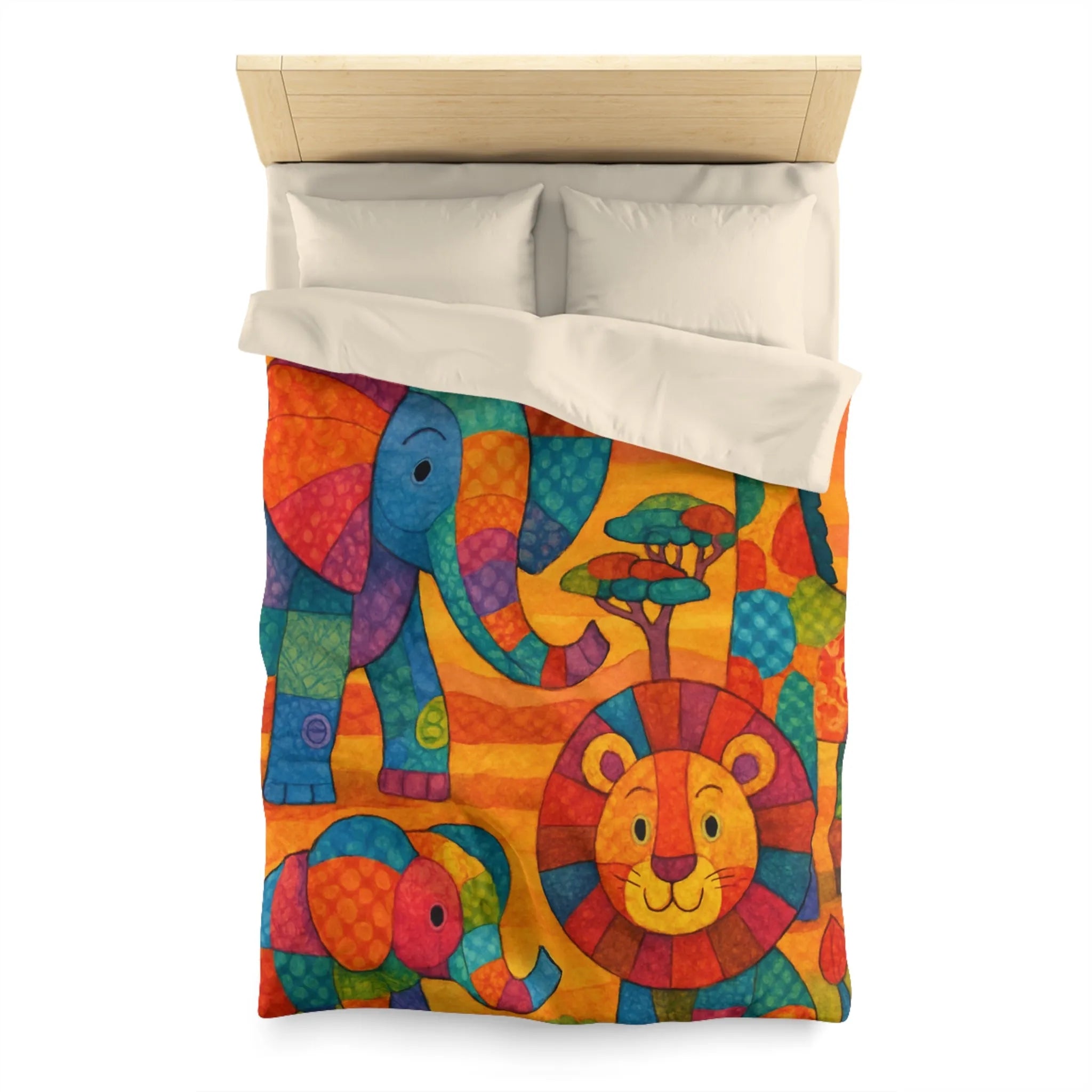 Housse de couette colorée avec éléphants, girafe et lion en style patchwork