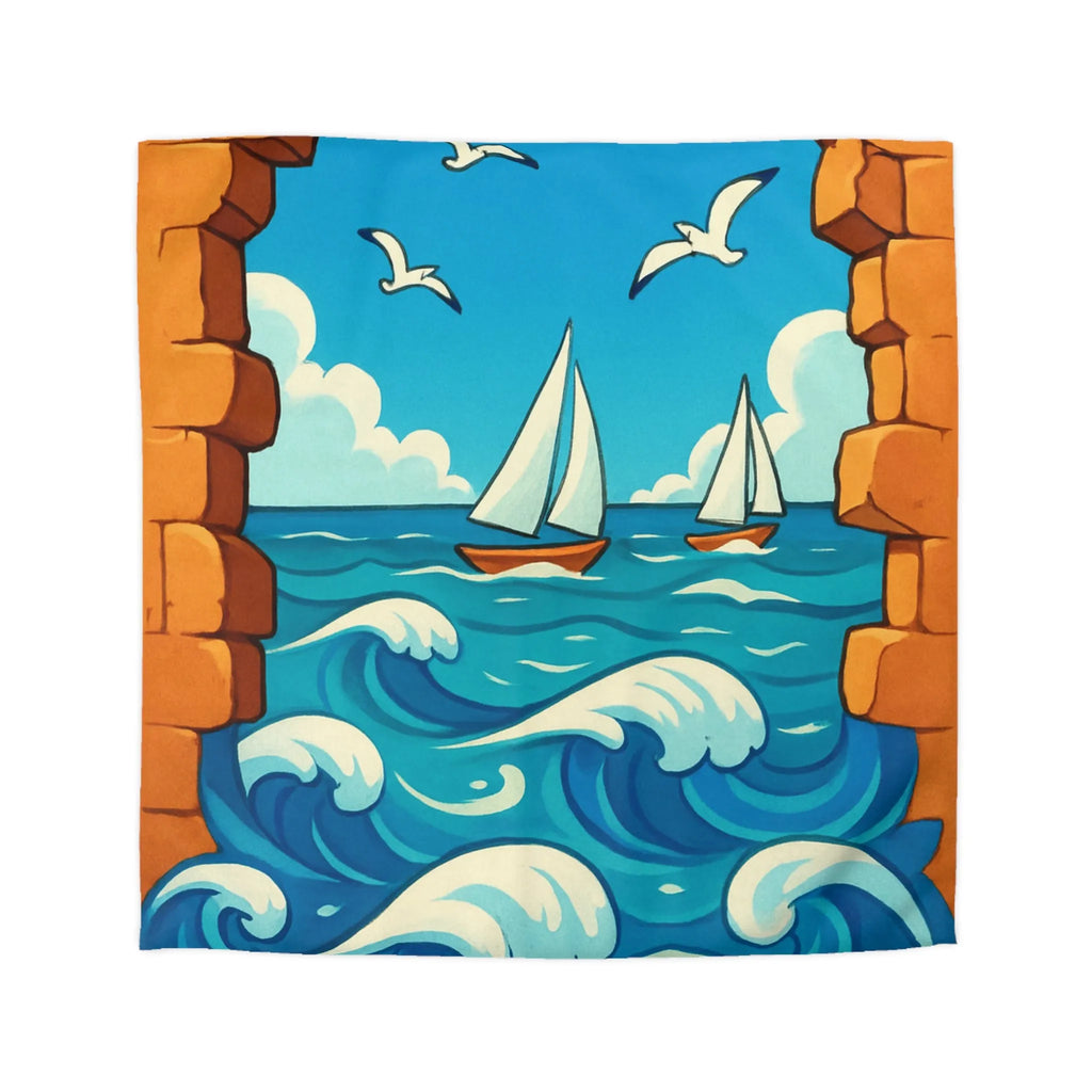 Housse de couette avec voiliers et mer, ambiance estivale bleu et orange