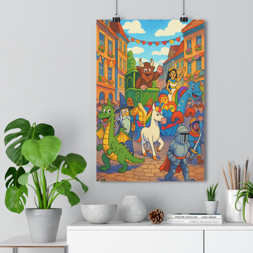 Poster décoratif joyeux coloré fantastique dragon licorne chevalier sorcier chambre enfant vibrant éclatant dynamique