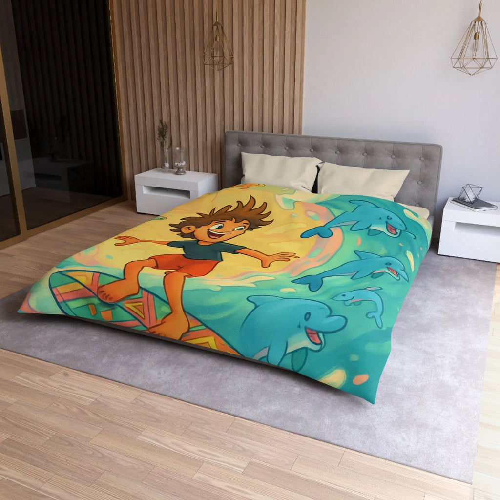 Housse de couette enfantine avec surf, dauphins joyeux et couleurs vives, ambiance océane