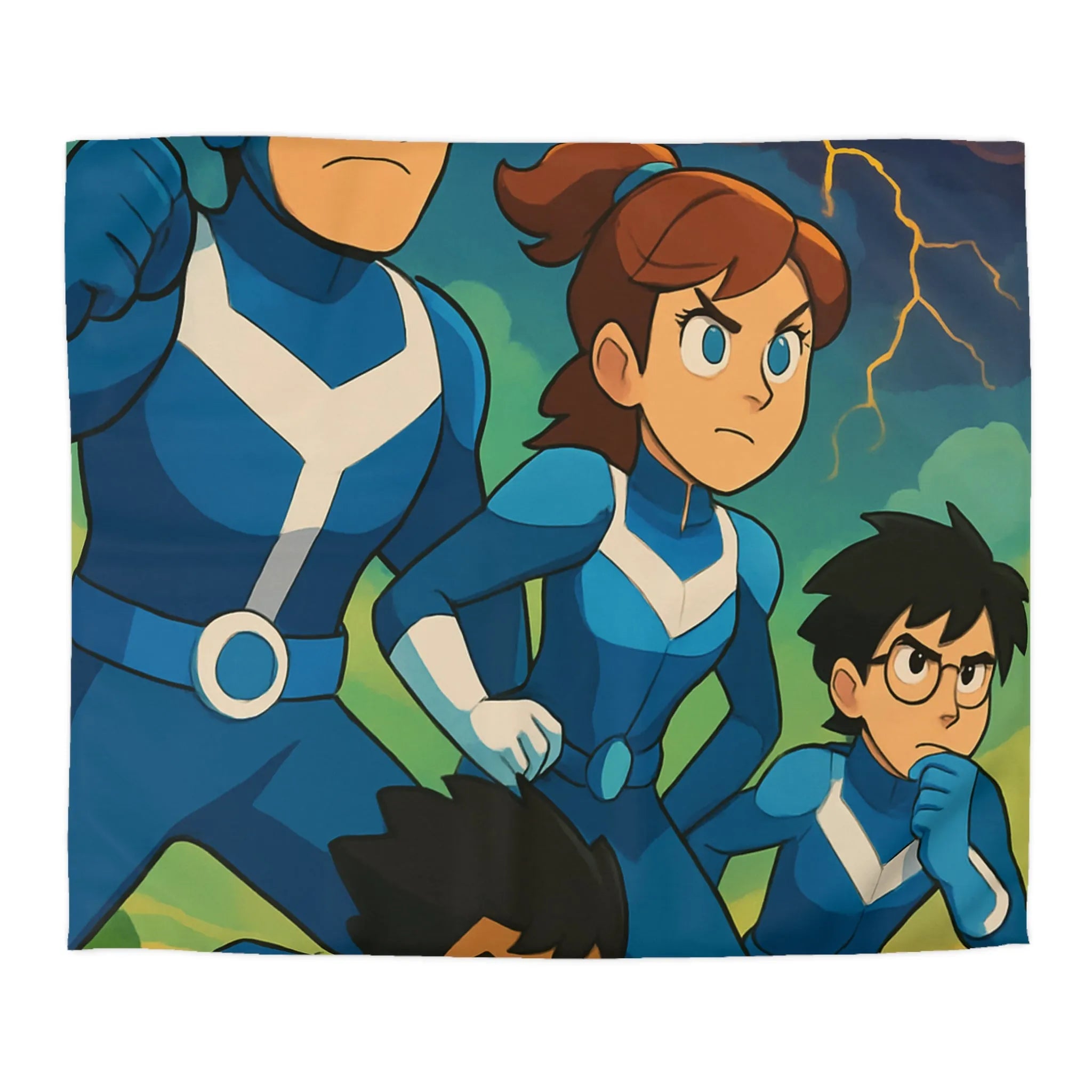 Housse de couette aventure : personnages animés et ciel orageux captivant pour chambre dynamique