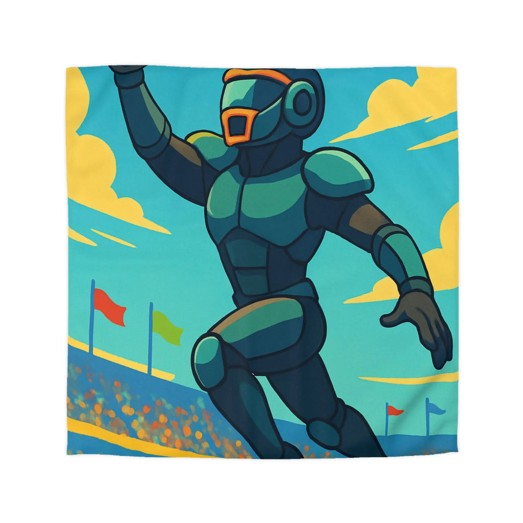 Housse de couette futuriste : robot athlétique attrapant un disque sur fond de ciel vibrant