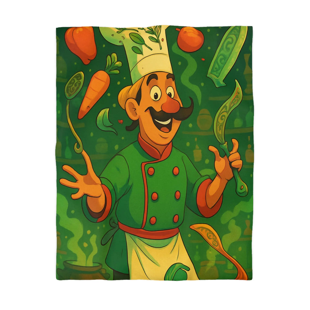 Housse De Couette Chef Cartoon Coloré Jonglant Avec Légumes Dans Cuisine Magique Verte