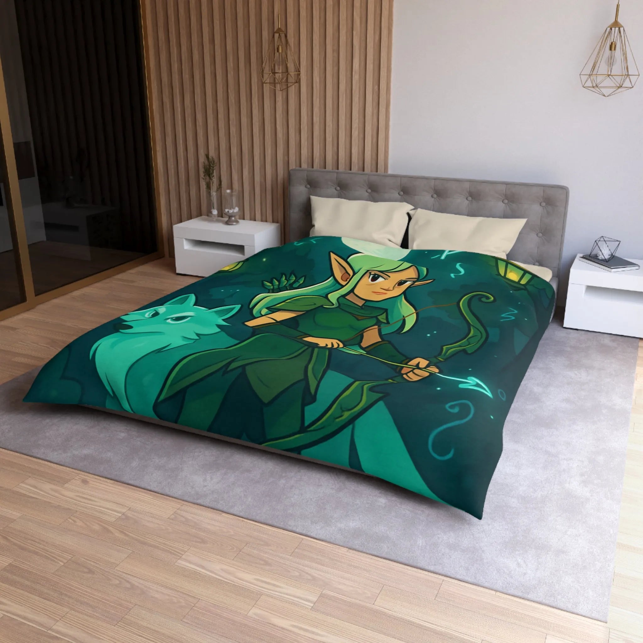 Housse de couette elfe archère et loup sous lune magique dans forêt mystérieuse