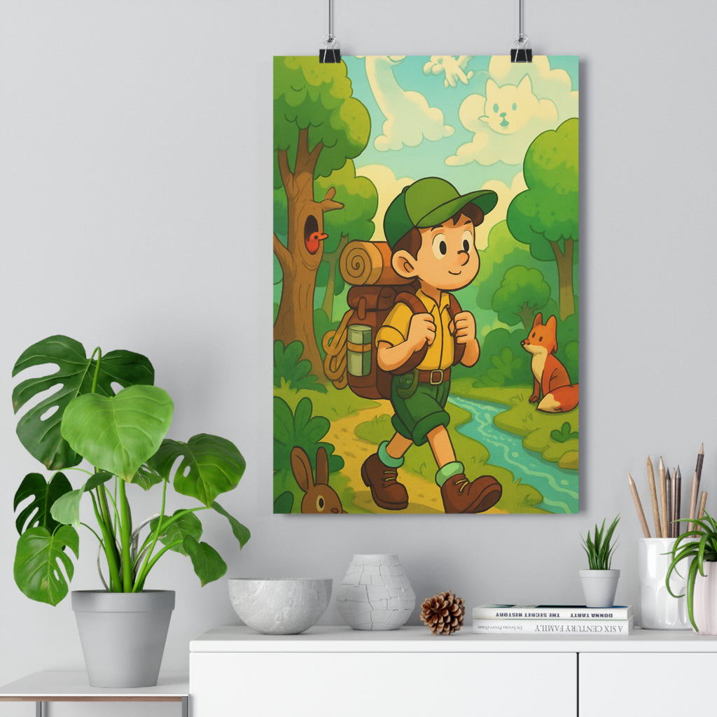 Poster décoratif enchanté forêt garçon aventure randonneur cartoon joyeux chambre enfant coloré animal fantaisie