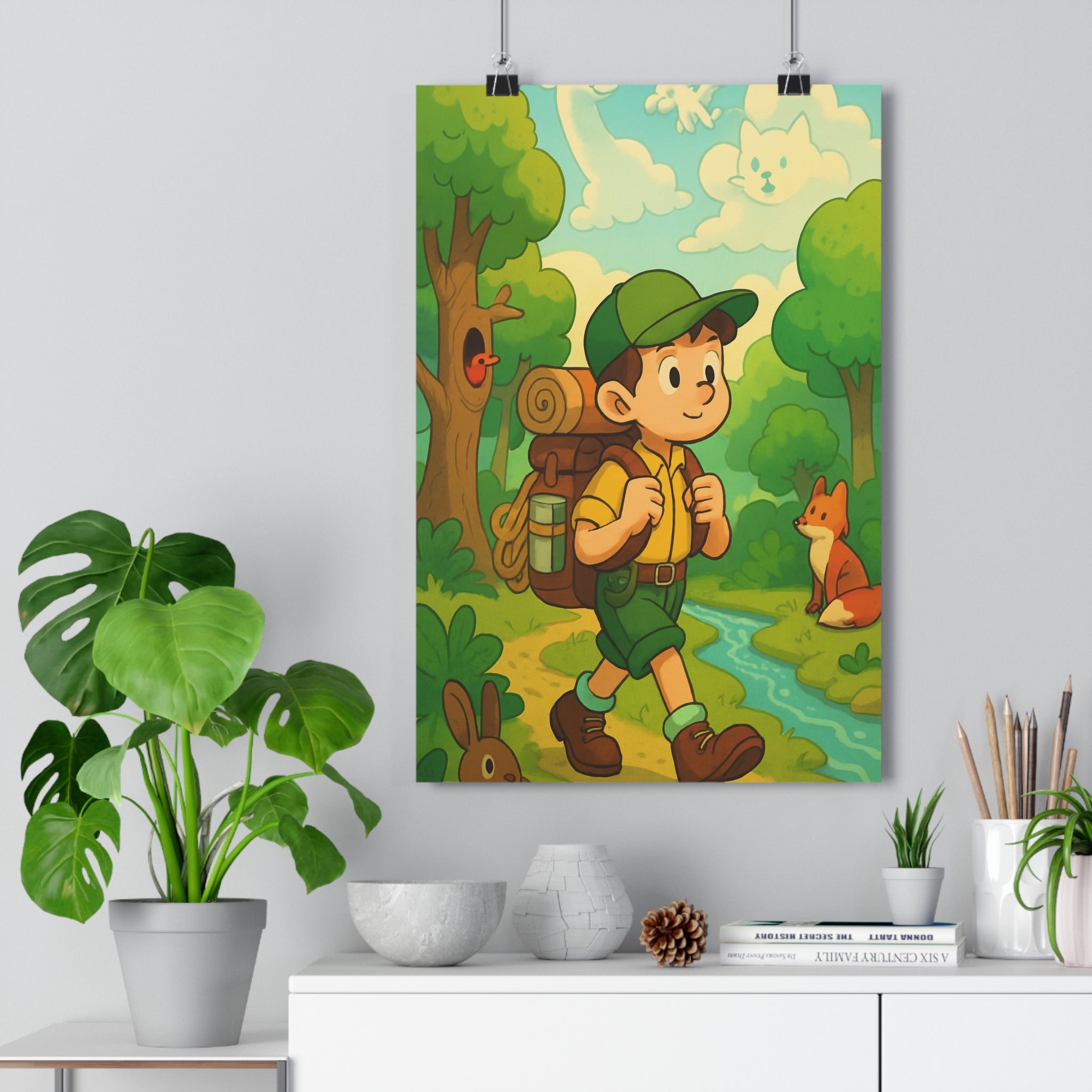 Poster décoratif enchanté forêt garçon aventure randonneur cartoon joyeux chambre enfant coloré animal fantaisie