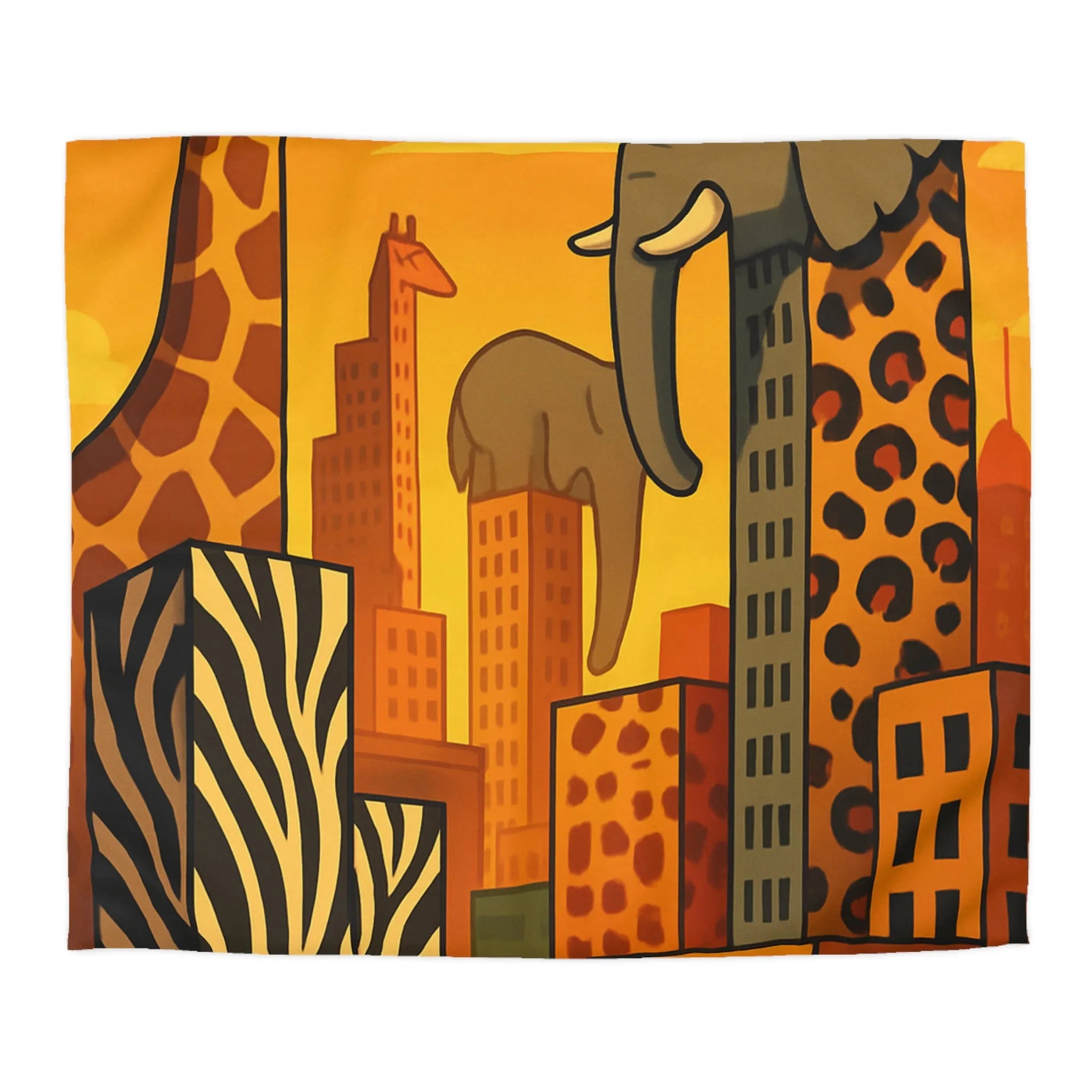Housse de couette jungle urbaine : gratte-ciel animaux dans tons chauds, motif sauvage