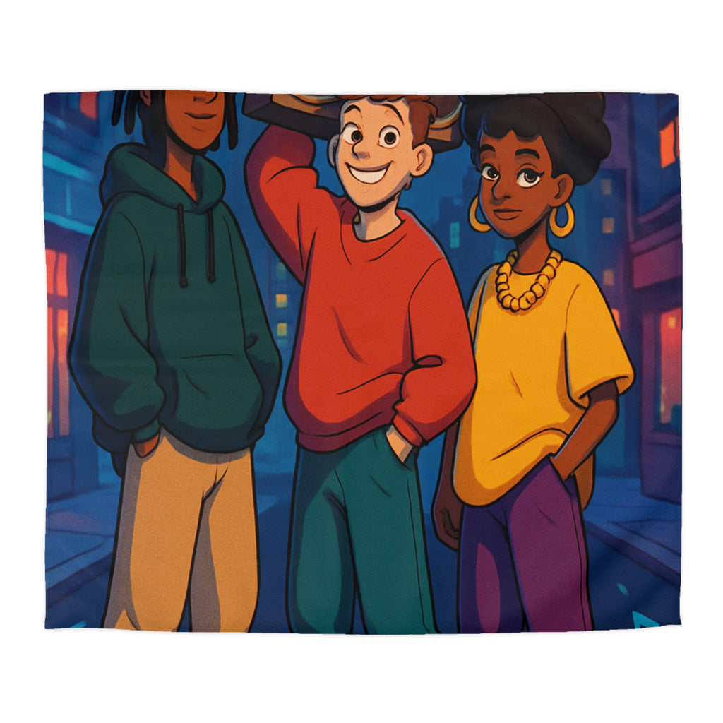 Housse de couette urbaine colorée avec adolescents et radio cassette dans la rue nocturne