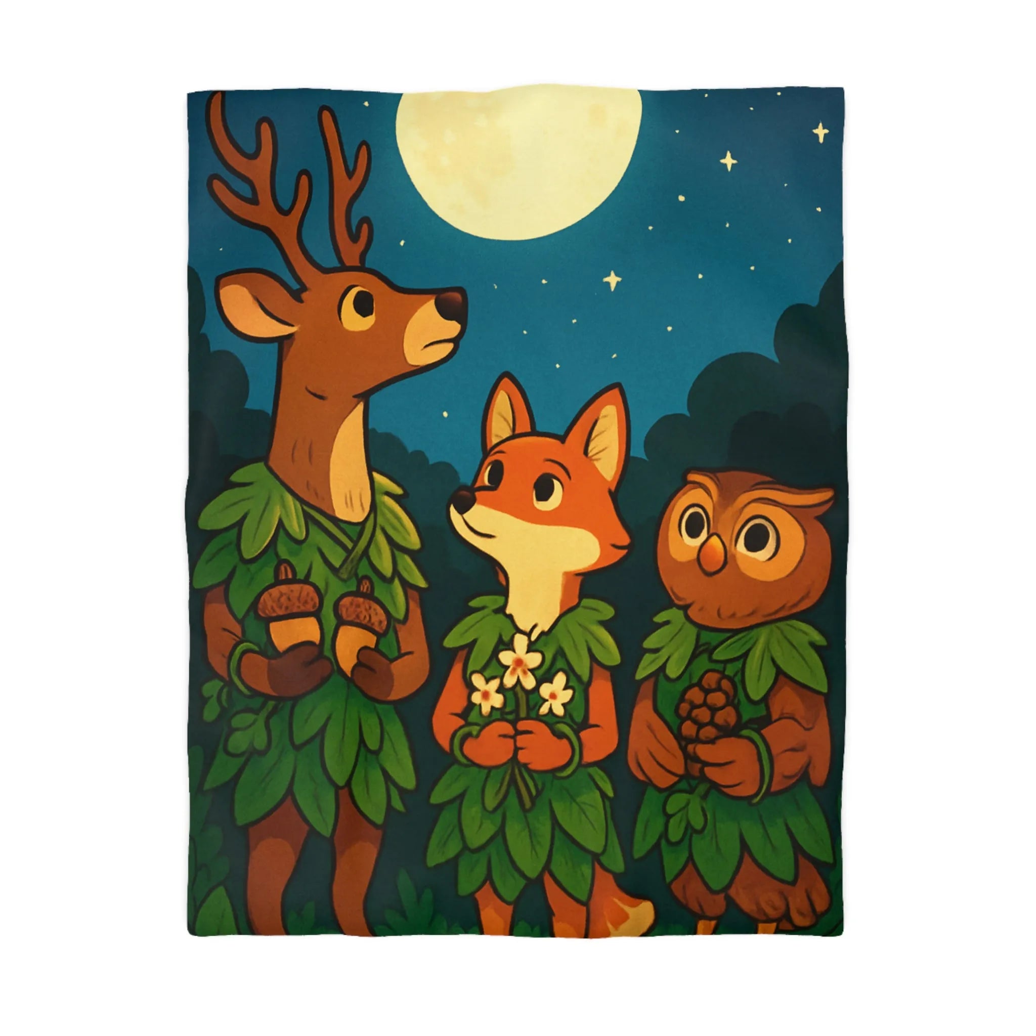 Housse de couette animalière magique avec cerf, renard et hibou sous la pleine lune