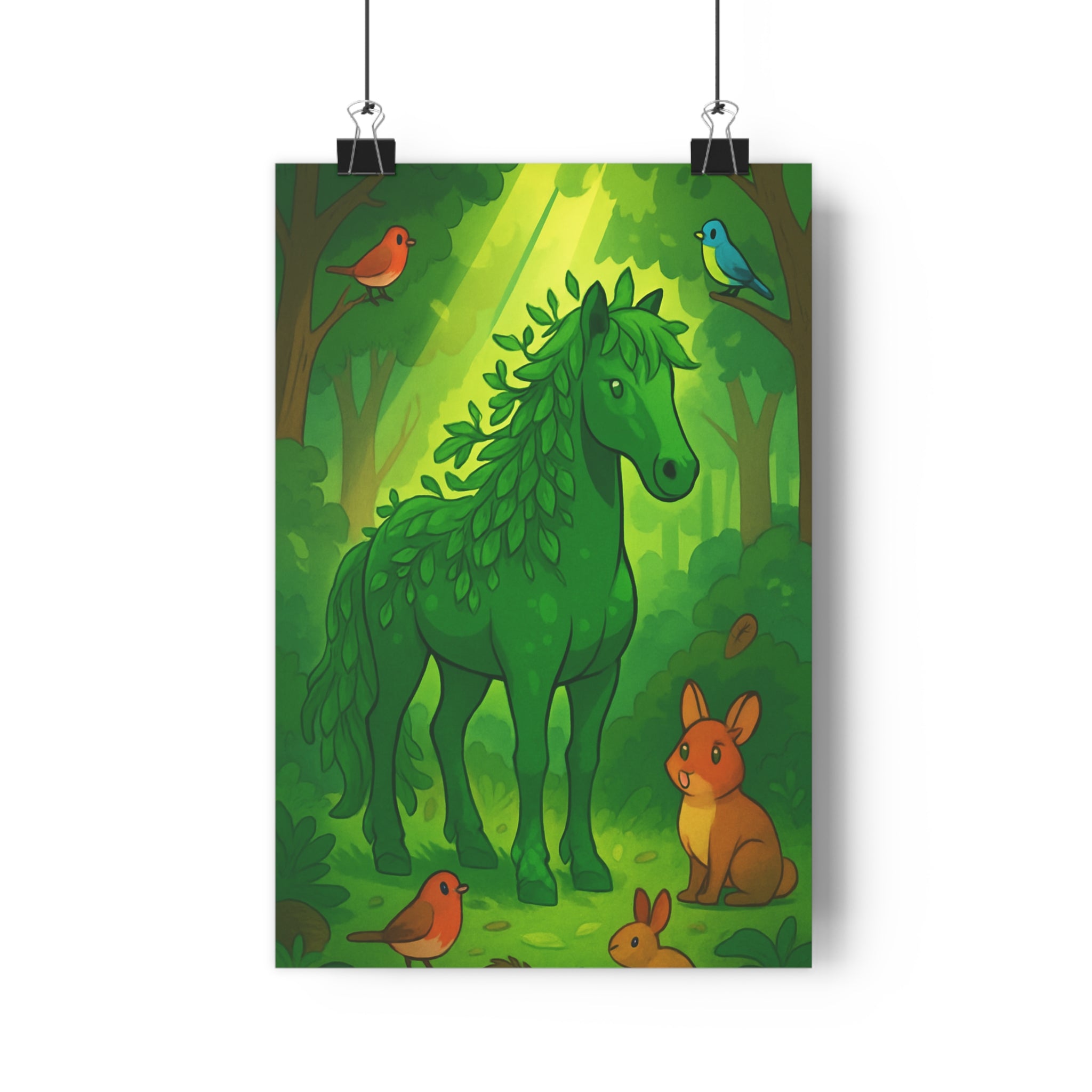 Poster décoratif vert cartoon enchanté nature chambre enfant détente 30x46 forêt animaux paisible sérénité