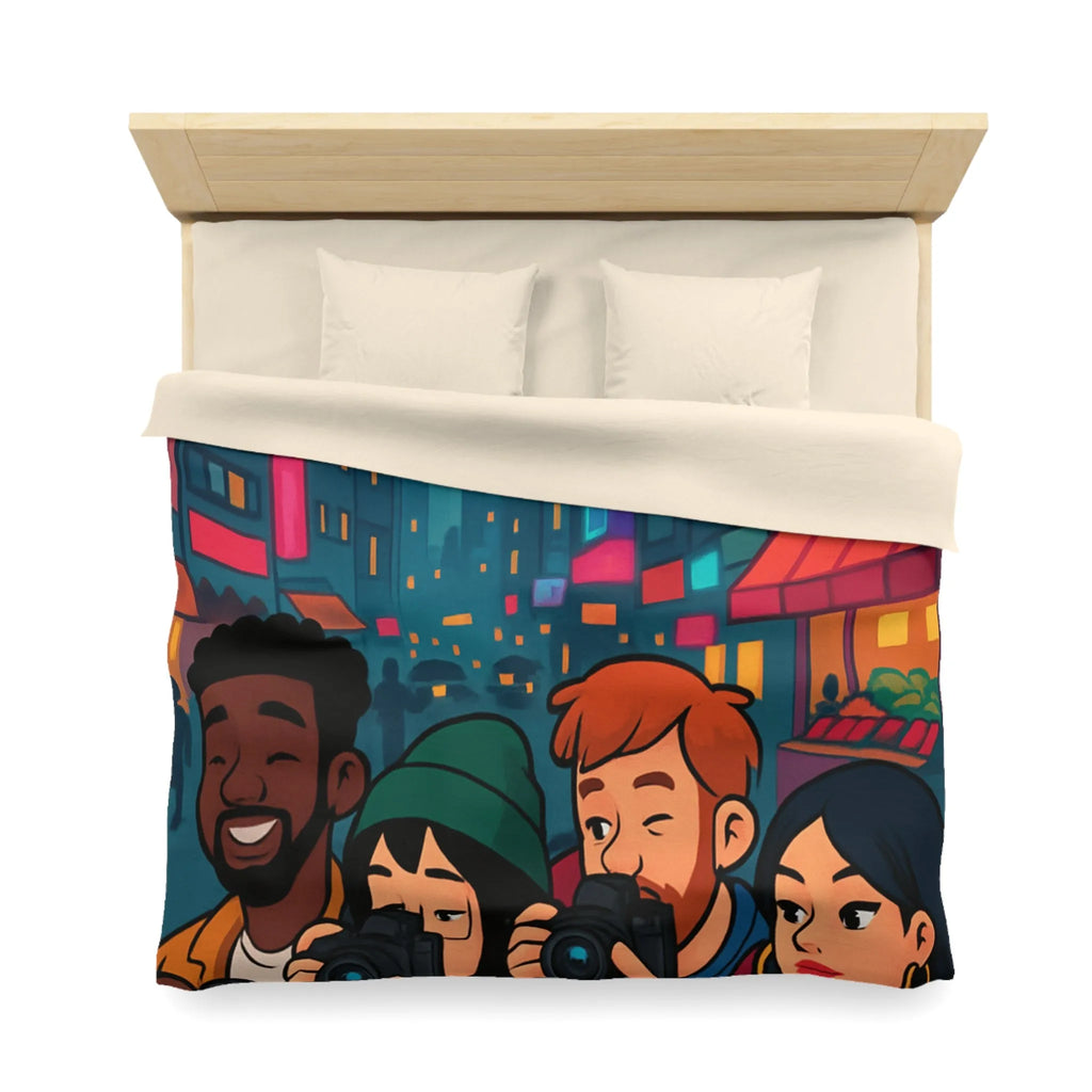 Housse de couette avec photographe urbain, design moderne et ambiance néon vibrante