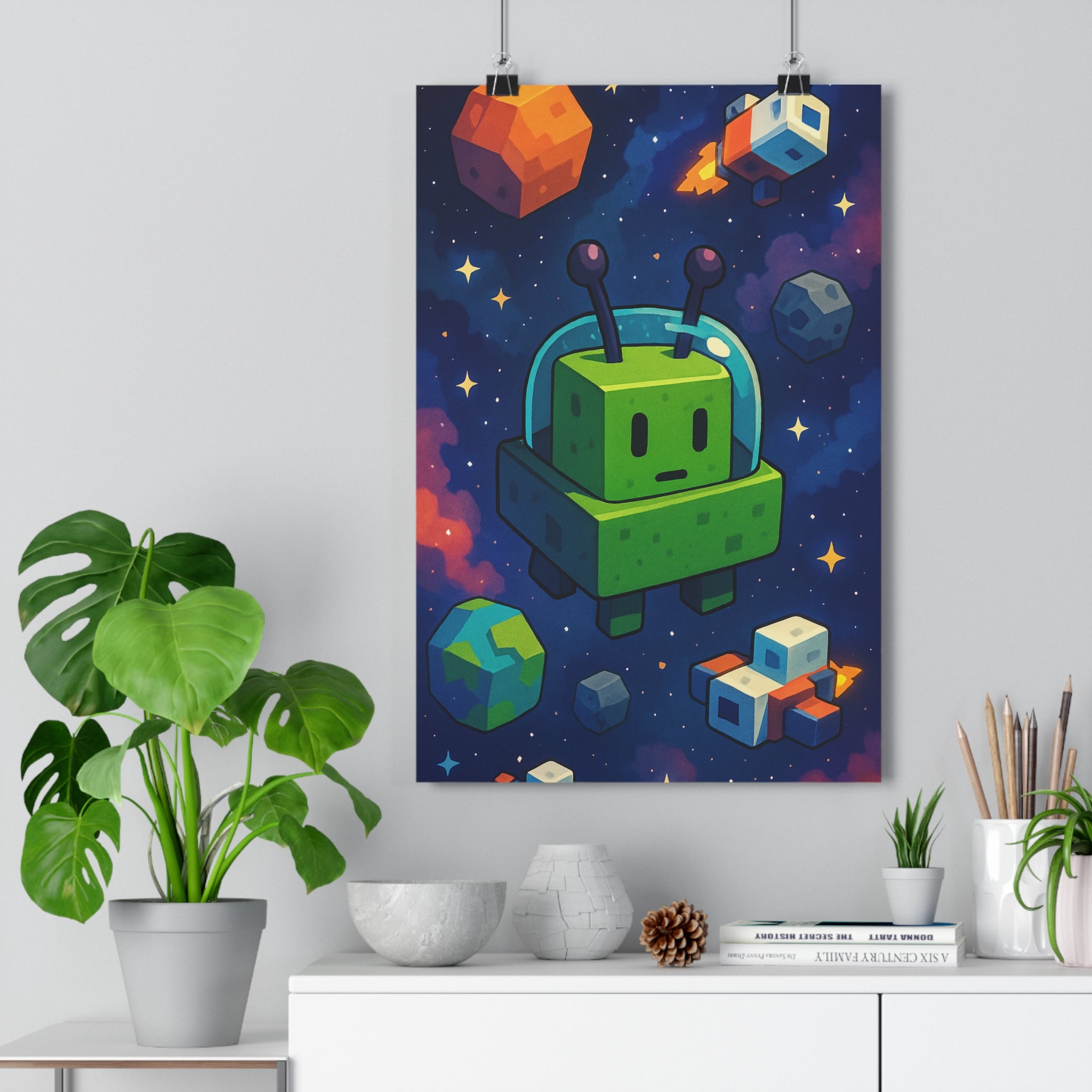 Poster décoratif cartoon vert bleu orange espace enfant aventure ludique moderne créatif unique design