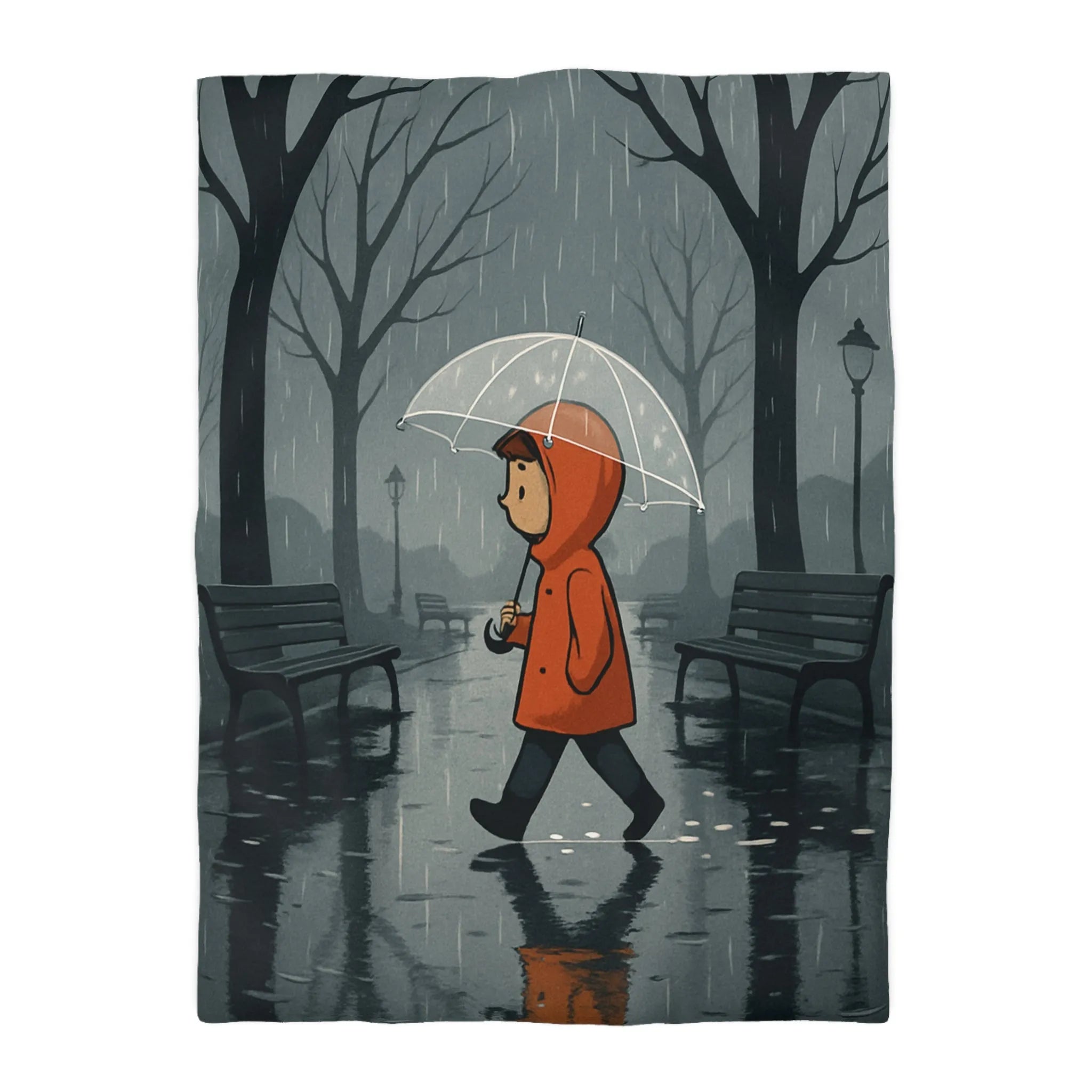 Housse de couette avec illustration d'enfant marchant sous la pluie en forêt brumeuse