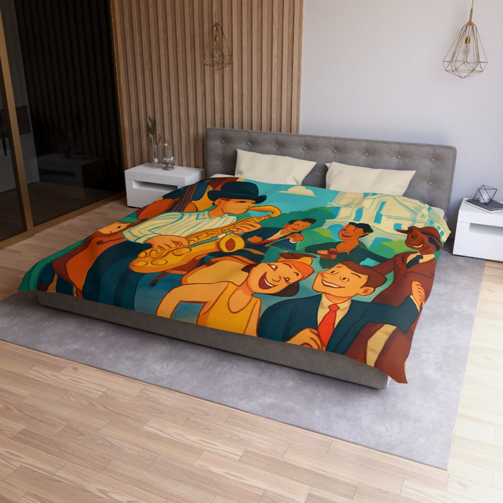 Housse de couette vintage avec scène de musique jazz animée et danse joyeuse