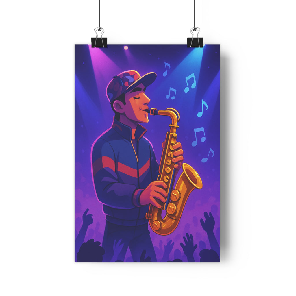 Poster décoratif saxophone musique années 90 violet bleu géométrique artistique moderne salon chambre bureau