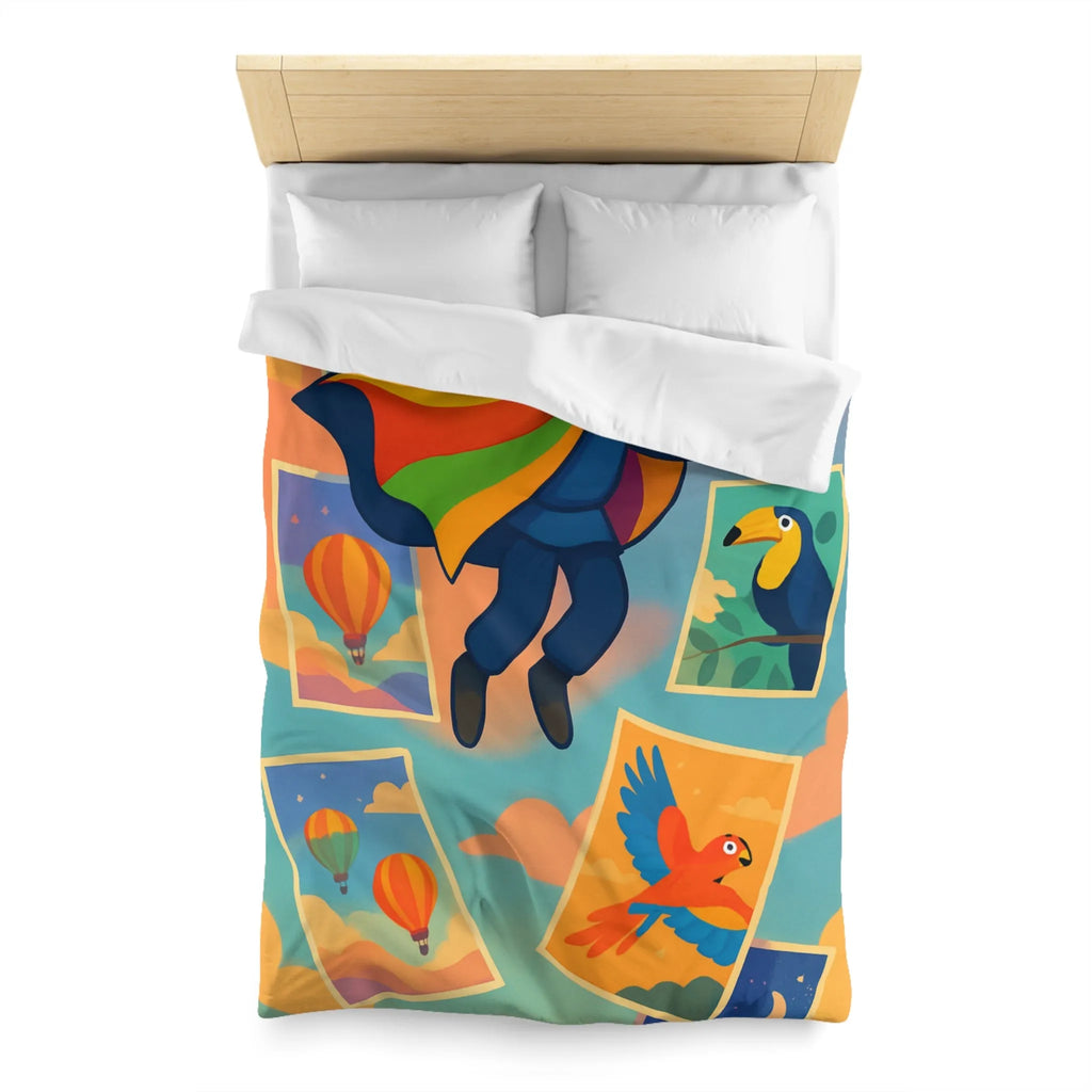 Housse de couette colorée avec motifs d'aventure de montgolfières et oiseaux exotiques