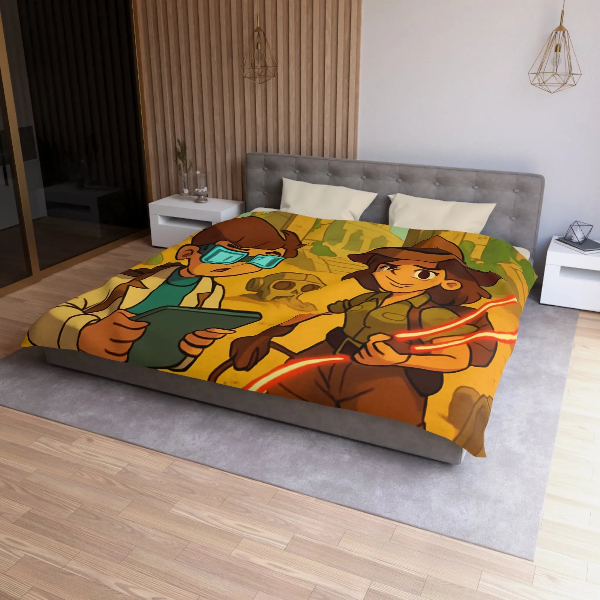 Housse de couette aventuriers explorant ruines mystérieuses en style cartoon animé coloré